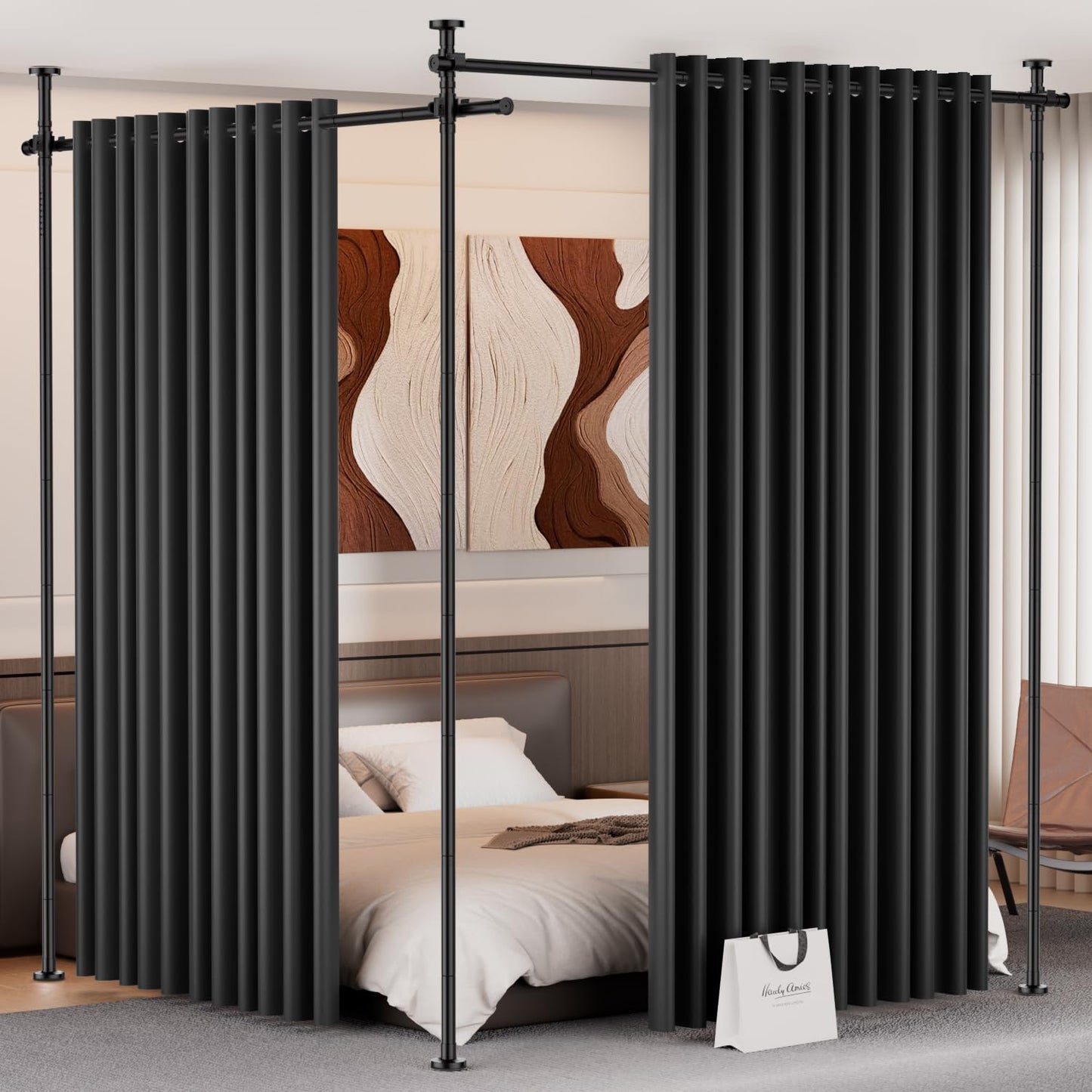 Room Divider for Room Separation (43-145in W), Curtain Rods No Drilling for Bedroom, Freestanding Room Divider Panel Tension Rod, Wall Divider Privacy Screen Partition for Space Separator, Drill Free