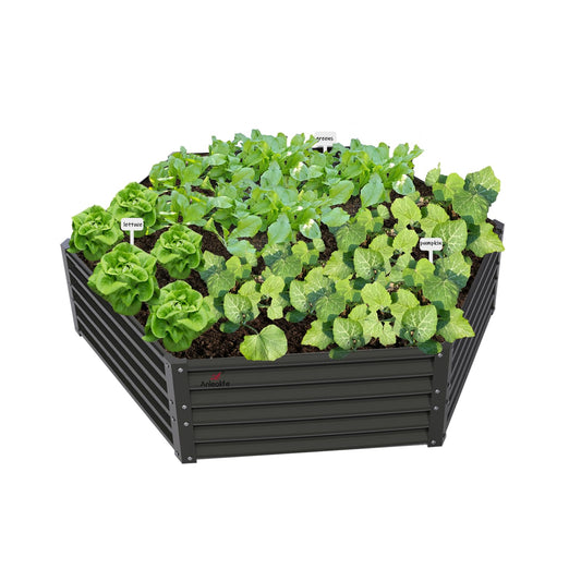 A ANLEOLIFE Hexagon Galvanized Metal Raised Garden Bed Outdoor, 70x60x18in Deep Metal Planter Box for Flowers, Herbs & Vegetables, 18'' Tall Decorative Raised Bed, Quartz Grey