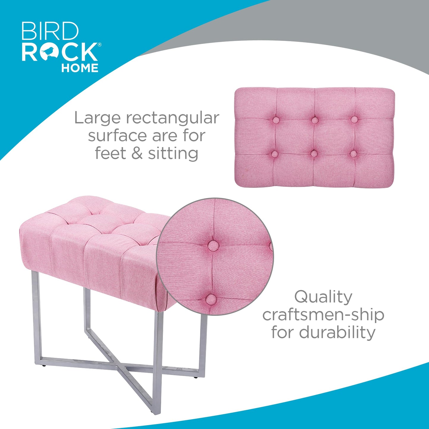 BIRDROCK HOME Rectangle Tufted Linen Ottoman Foot Rest - 19.7x11.82x17.73” Small Foot Stool with Legs - Padded Footrest Modern Ottomans for Living Room Furniture, Bedroom Footstool (Pink)