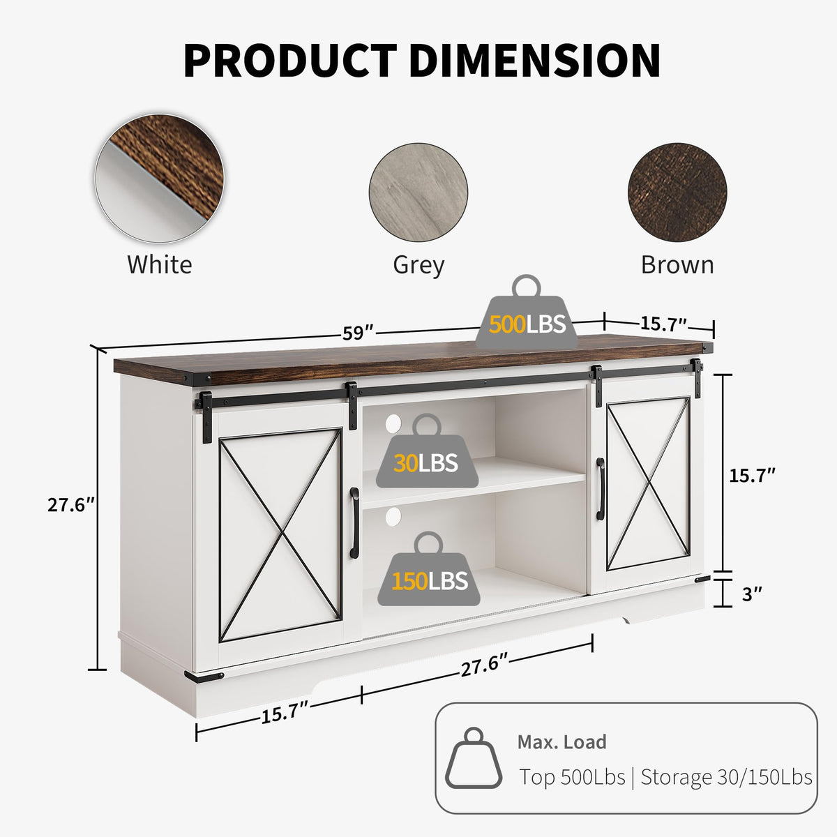 IDEALHOUSE Farmhouse TV Stand and Entertainment Center for Tv up to 65 inches with Sliding Barn Doors, Tv Media Console Table with Storage Cabinet for Living Room, White & Brown