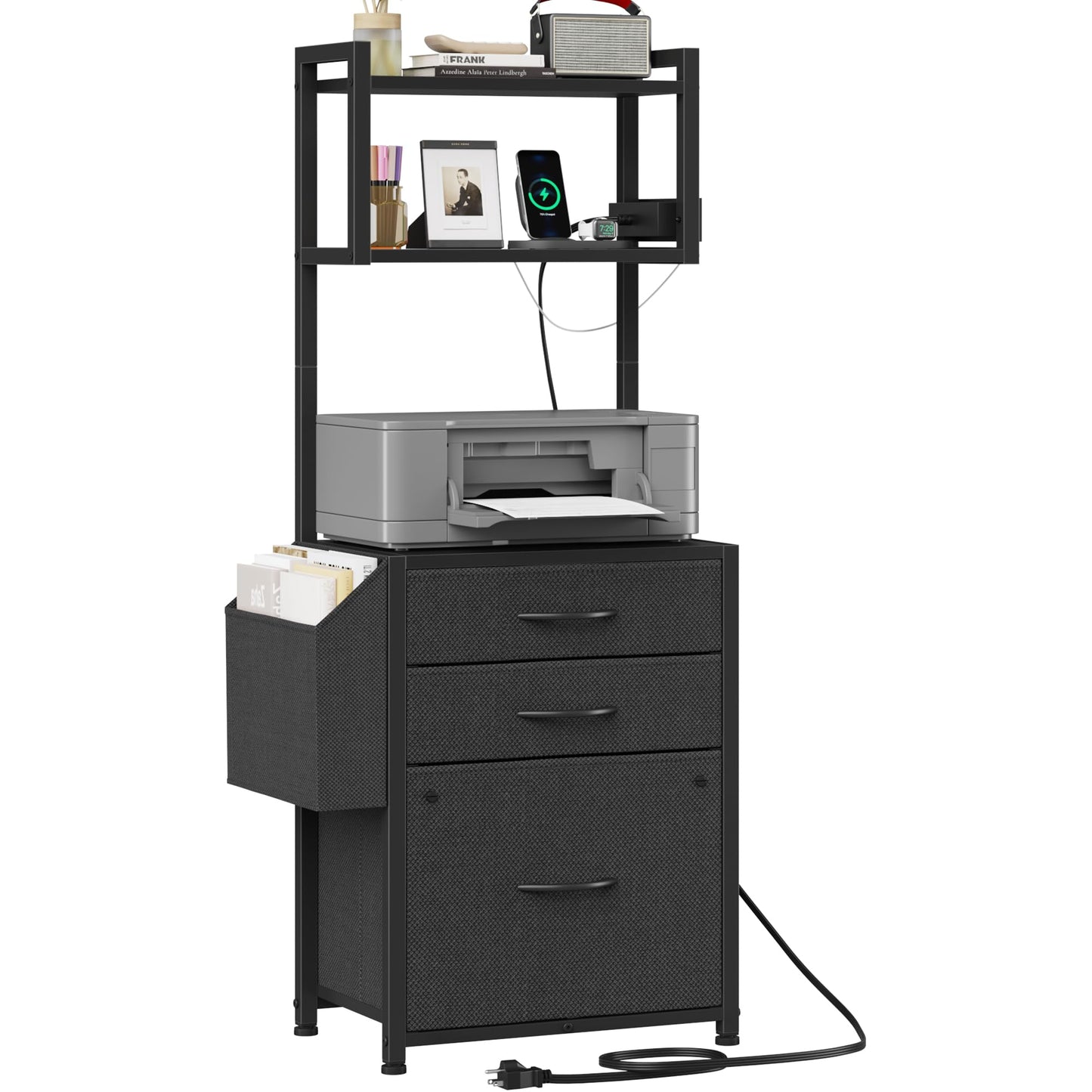 HIGDBFE 3 Drawer File Cabinet with Charging Station, 45''H & 3-Tier