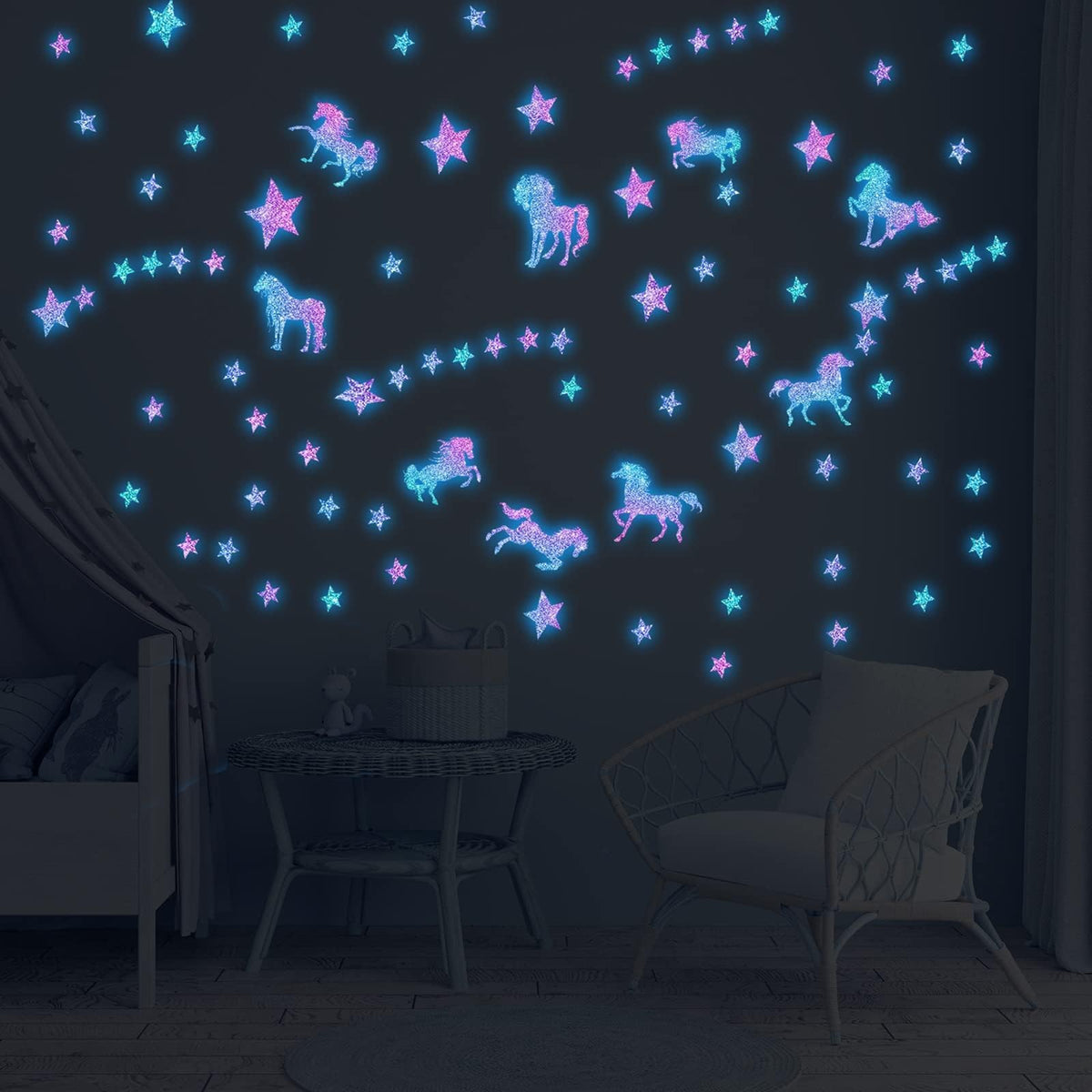 Glow in The Dark Unicorns Wall Decals Unicorns Star Wall Stickers for Baby Girls Bedroom Blue Luminous Glow Stars Ceiling Stickers for Baby, Birthday Present for Baby Boys