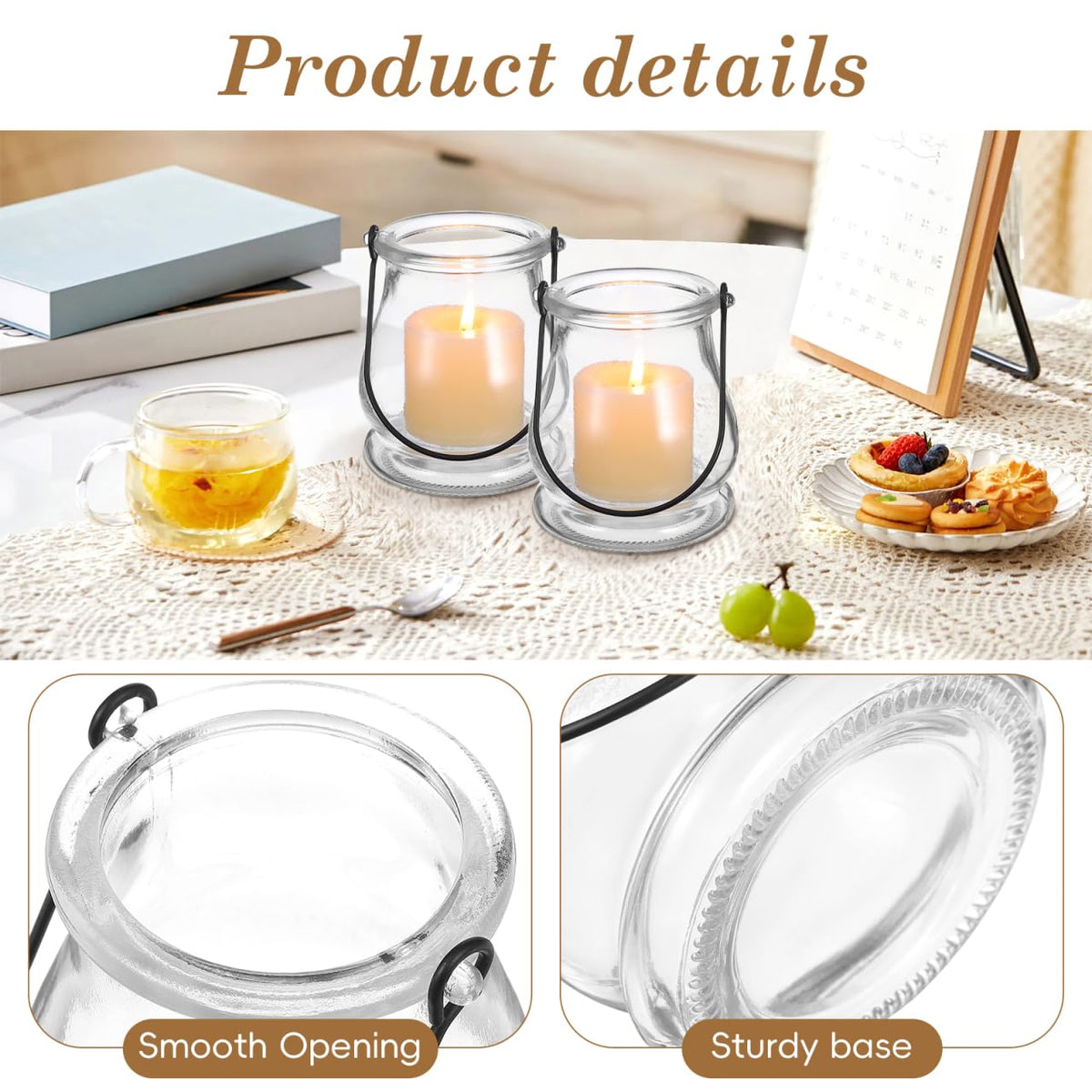 Cabilock Glass Candle Holders 4 Inch Tea Light Candle Stands with Handles Multipurpose Indoor Outdoor Decor Sticks Holder for Home Party Wedding