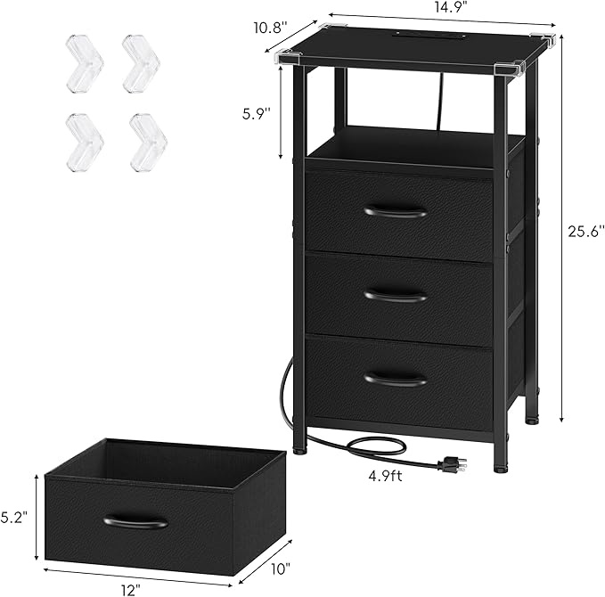 Vagusicc Nightstand with Charging Station, Bedside Table with USB Ports and