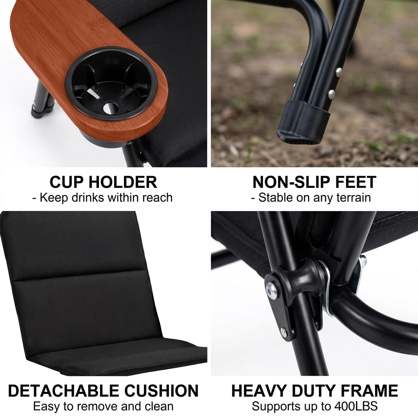 Padded Oversized Folding Camping Chair for Adults, Removable Cotton Pad Lawn Chair with Wooden Hard Armrests and Cup Holders, Portable Collapsible Quad Chair for Outside, Support up to 400lbs, Black