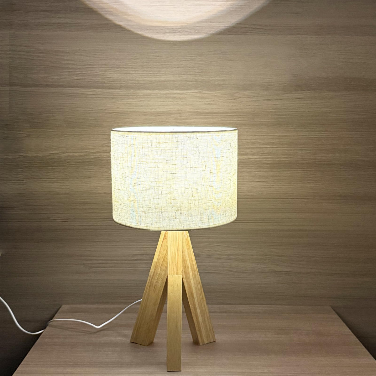 Tripod Table Lamp, Small Cute Bedside Lamp with Linen Beige Lampshade, Nightstand Lamp for Nursery, Bedroom, Kid Room, Living Room, Light Brown Wooden Base, E26 Socket, 12.8Inch, 3000K, 4500K, 6000K