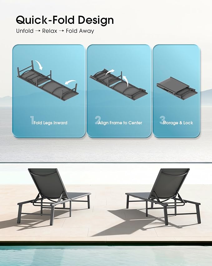 Ciokea Foldable Outdoor Lounge Chair Set of 4, No Assembly Aluminum Chaise