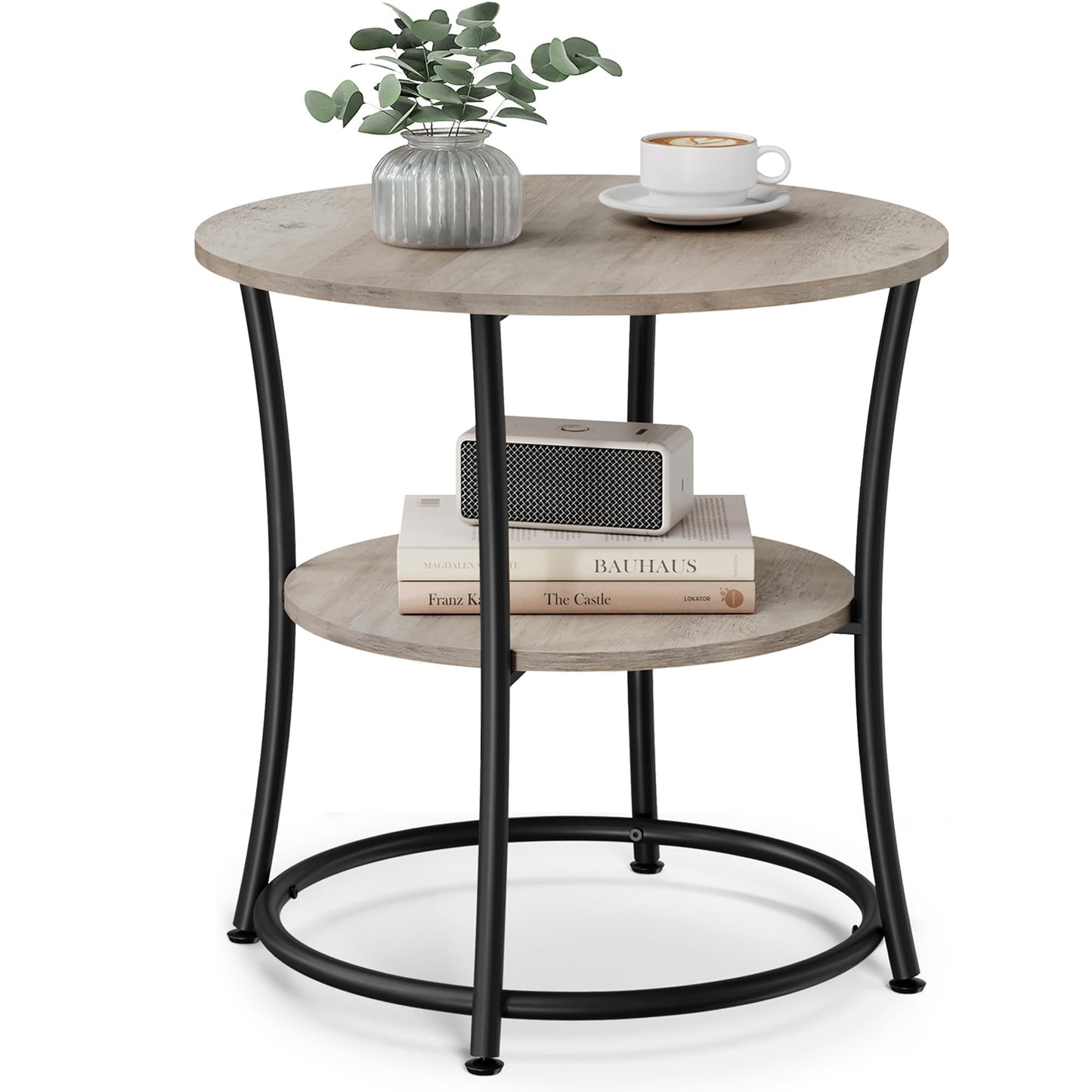 VASAGLE 21.7-Inch Round Side Table, 2-Tier End Table, Nightstand with Steel Frame, Spacious Top, for Small Spaces, Living Room, Bedroom, Heather Greige and Ink Black ULET56BG