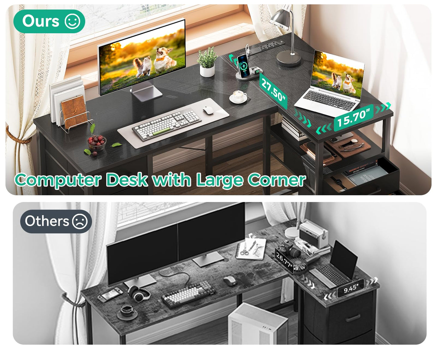 Coleshome L Shaped Computer Desk with 6 Drawers & Power Outlet, 55 Inch Corner Desk with Reversible Storage Shelf & File Drawer, Home Office Desk, Black