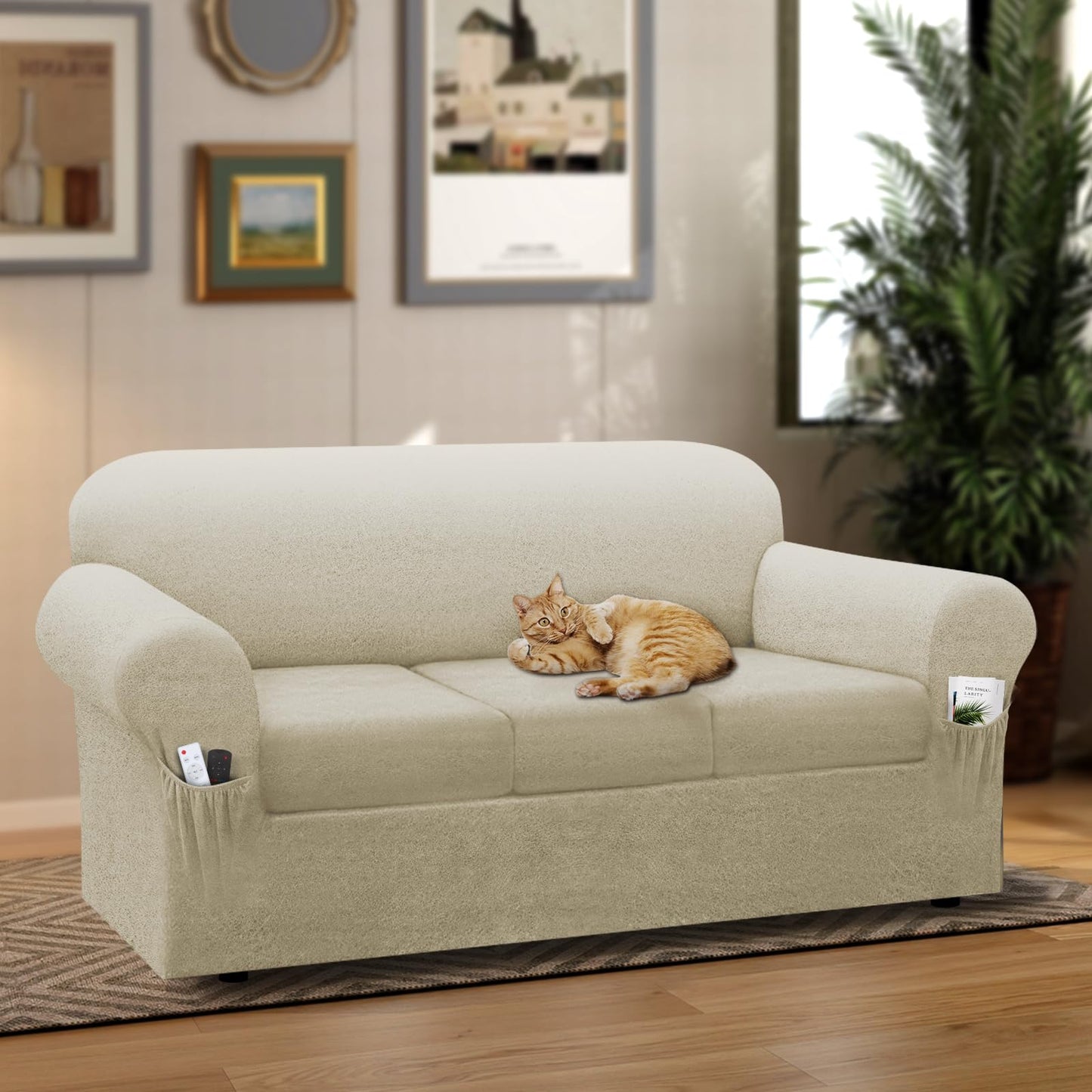 Pfrstuv Sofa Slipcover with Armrest Pockets 4-Piece Set, Stretch Faux Leather Couch Cover for 3-Cushion Couches(Fits 72-92") - Non-Slip, Machine Washable, Pet & Kid Friendly - Beige