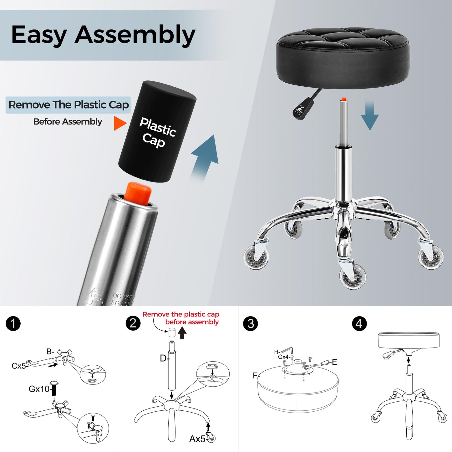 BEWISHOME Rolling Stool with Wheels, Adjustable Stool Heavy Duty 450lb, 360° Swive Rolling Chair for Massage Spa Medical Tattoo, PU Thick Seat Padding Salon Chair(Black) BYD01B