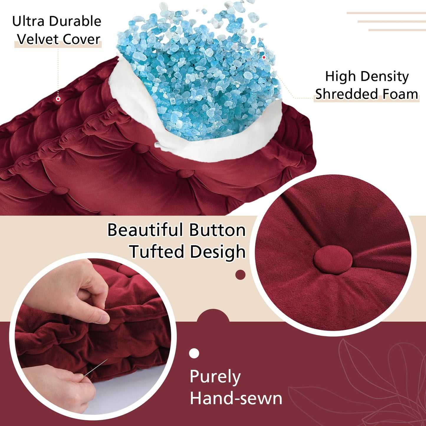 Threehoney Bench Cushions for Indoor Furniture 42x16 in Velvet Kitchen Dining Piano Window Seat Cushion, Tufted Patio Porch Swing Thicken Bench Pad Memory Foam for Christmas Decor(Dark Red)