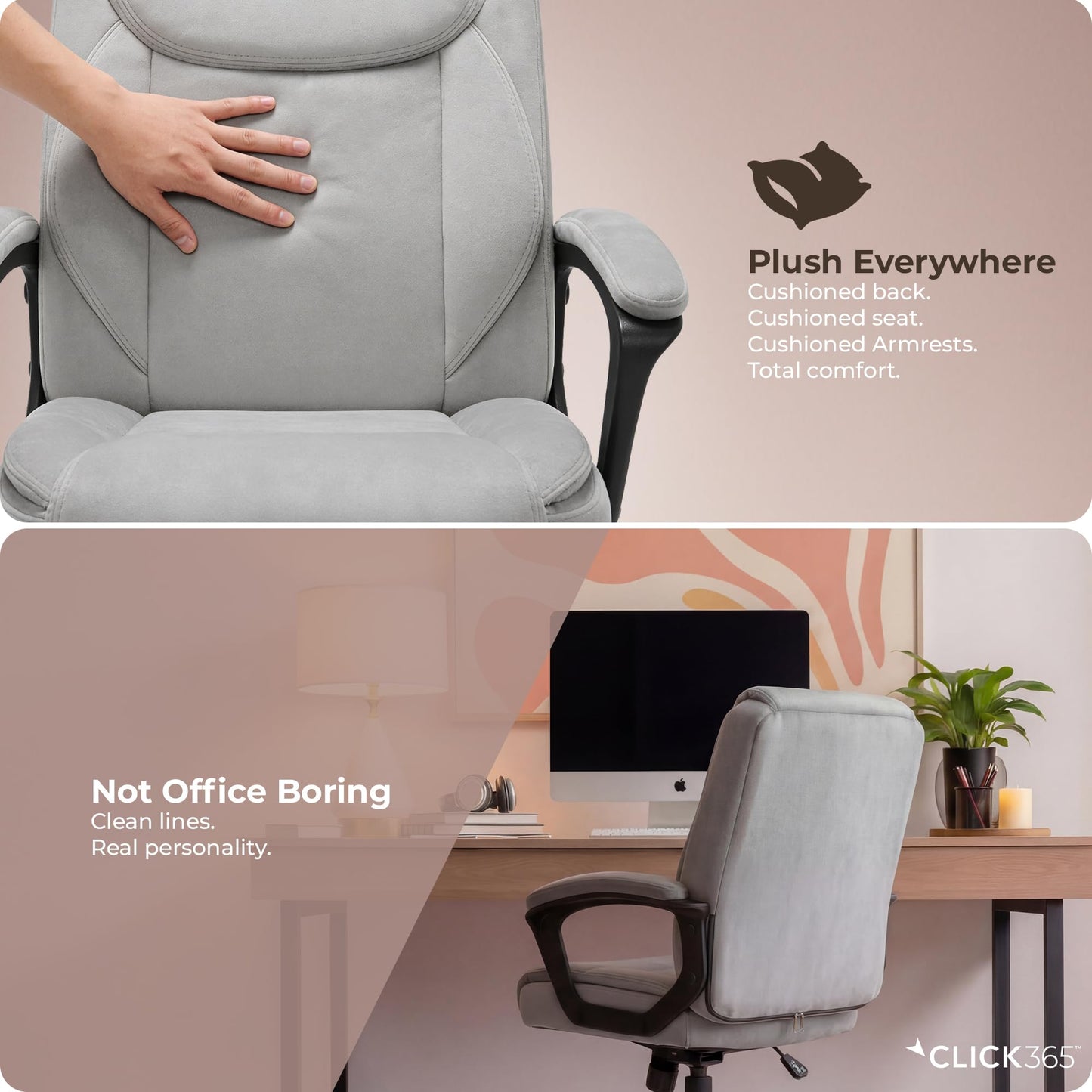 Click365 Transform 1.0 Ergonomic Office Chair, Mid Back Desk Chair with Padded Arms, Lumbar Support, Adjustable Height, Tilt Recline, Swivel Computer Chair, Fabric, Light Grey