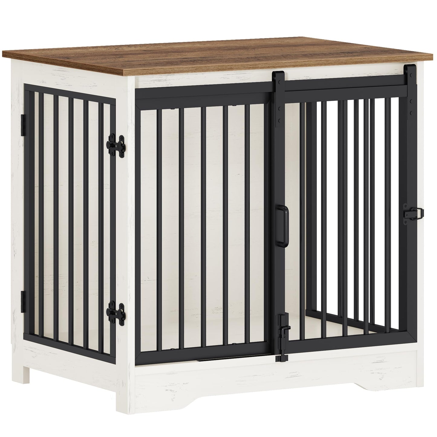 Hzuaneri 27.2" Dog Crate Furniture with Barn Door, Heavy Duty Dog Kennel Indoor with 2 Doors, Wooden Pet Cage End Table for Small Medium Dogs up to 22 lb, Anti-Chew Anti-Escape, White Brown DFC84314B