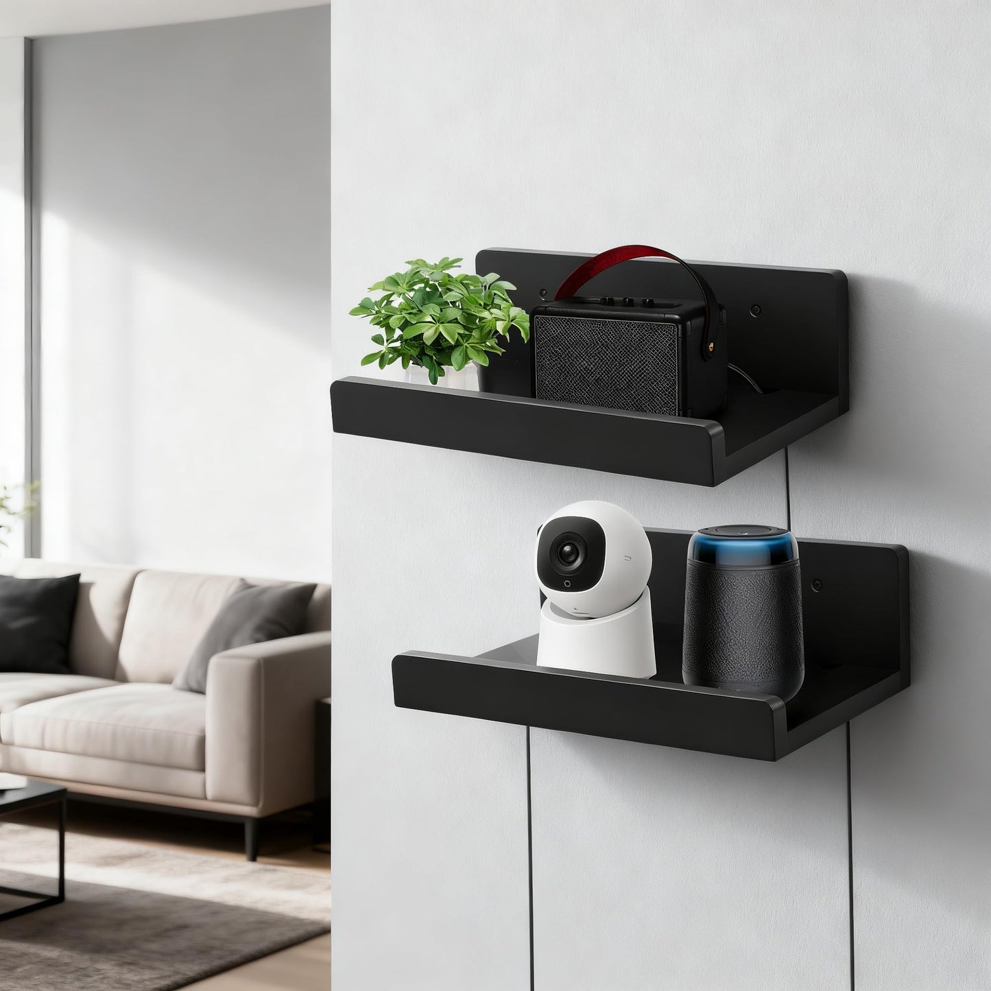FURAOMEILI Floating Wall Shelves Set of 2, 12-Inch Solid Wood Shelves with Cable Holes, Small Display Shelf for Router, Webcam, Smart Speaker, Camera – Black