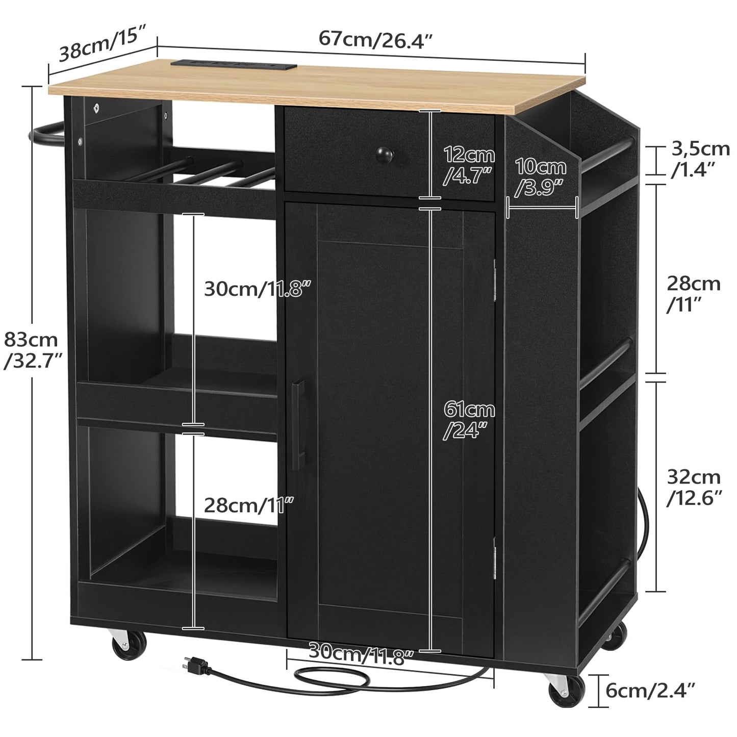 MAHANCRIS Kitchen Island with Power Outlet, Kitchen Storage Island with Drawer, Rolling Kitchen Cart on Wheels, Spice Rack, Towel Rack, Wine Rack, for Dining Room, Black and Natural KIHN122E01