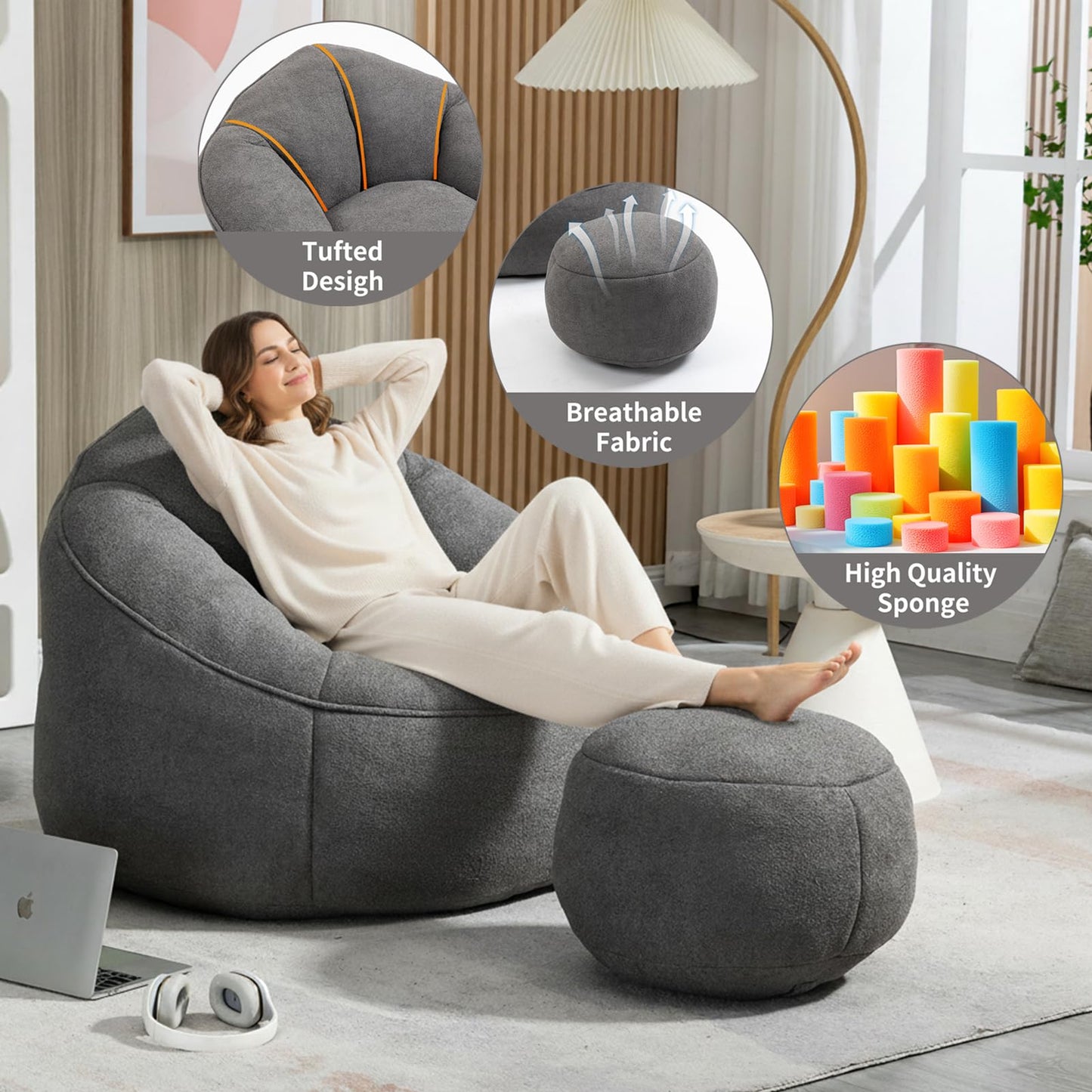 MEIGUGAO Bean Bag Chairs, Gaint Bean Bag Couch with Memory Foam for Adults and Kids, Microfiber Upholstered Sofa with Ottoman, Comfy Lazy Bean Bag Reading Chair for Living Room
