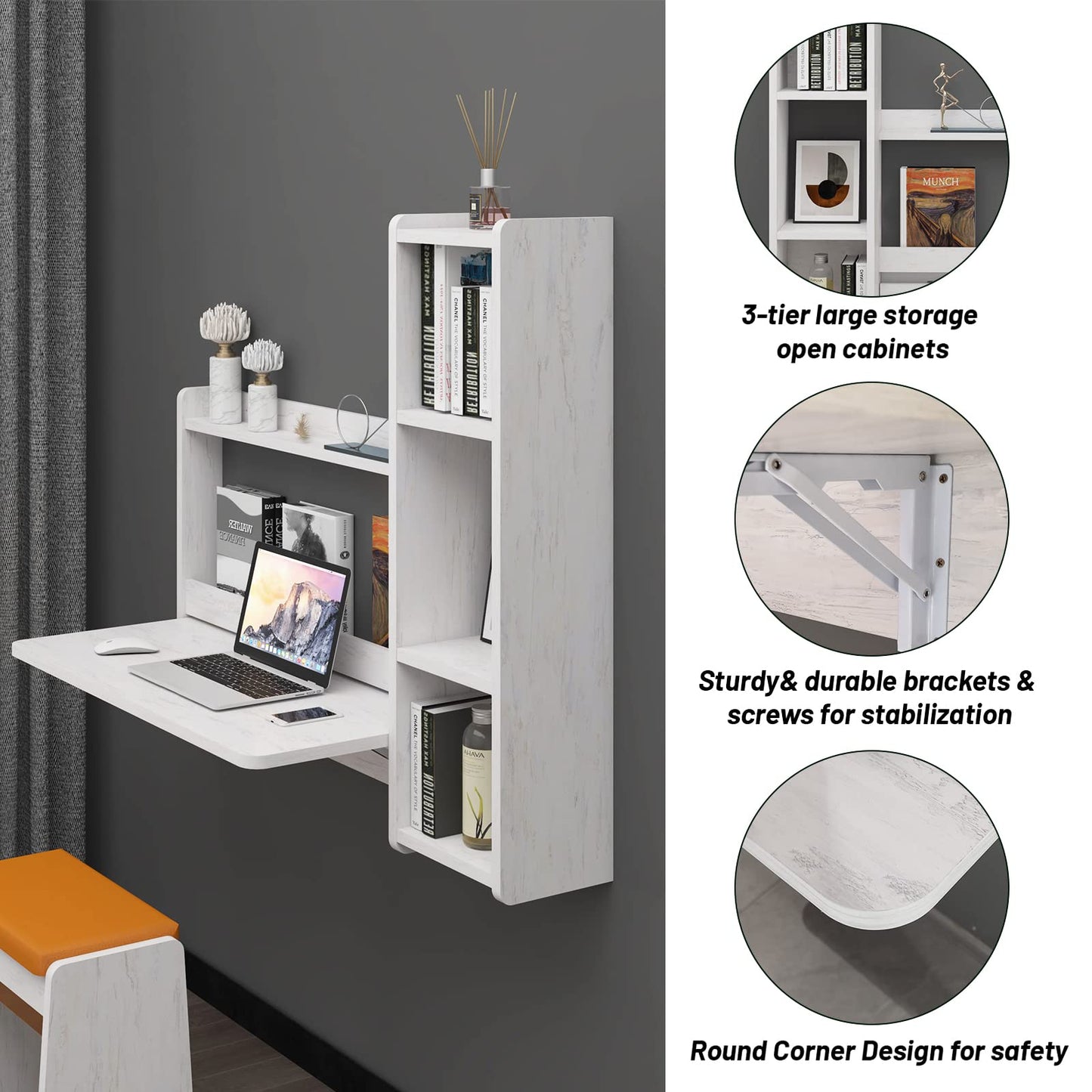Pmnianhua Floating Desk,41'' Wall Mounted Desk,Fold Down Laptop Desk,Folding Workstation,Space Saving Table with Storage for Bedroom Study Room Small Space (Off White-Left)