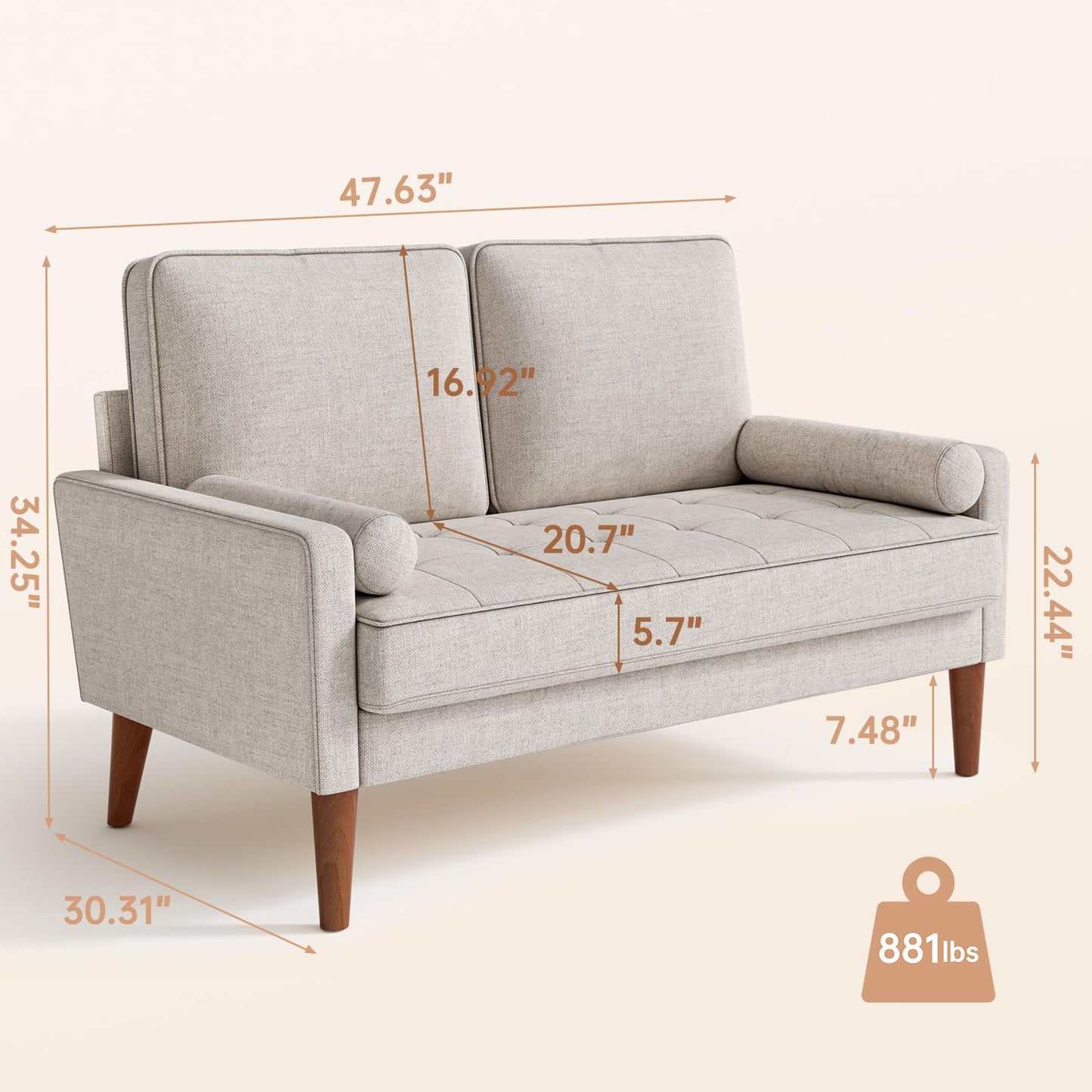 Vesgantti Loveseat Sofa 48" Small Couches for Small Spaces, Love Seat for Living Room, Bedroom, Easy Assembly Mid Century Modern Couch, Beige