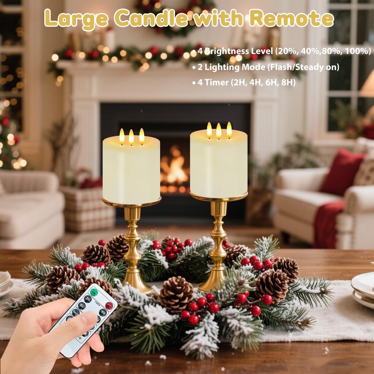 3 Wick Flameless Candles Set of 2, 4"x4" Flickering Large Flameless Candles with Remote & Timer, Dimmable Real Wax Electric Pillar Candles Battery Operated, LED Candles for Home Wedding Xmas Decor