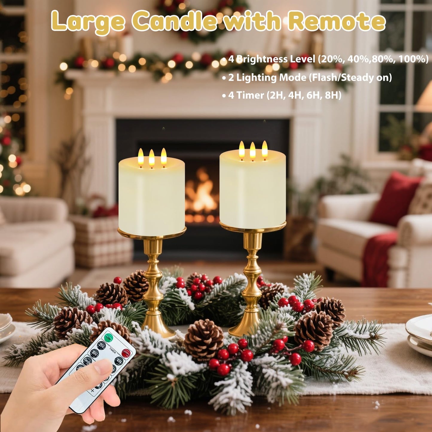 Large 3 Wick Flameless Candles, 4"x4" Flickering Flameless Candles with Remote & Timer, Dimmable Real Wax LED Candles Battery Operated, Electric Pillar Candles for Home Wedding Christmas Decor (Lvory)