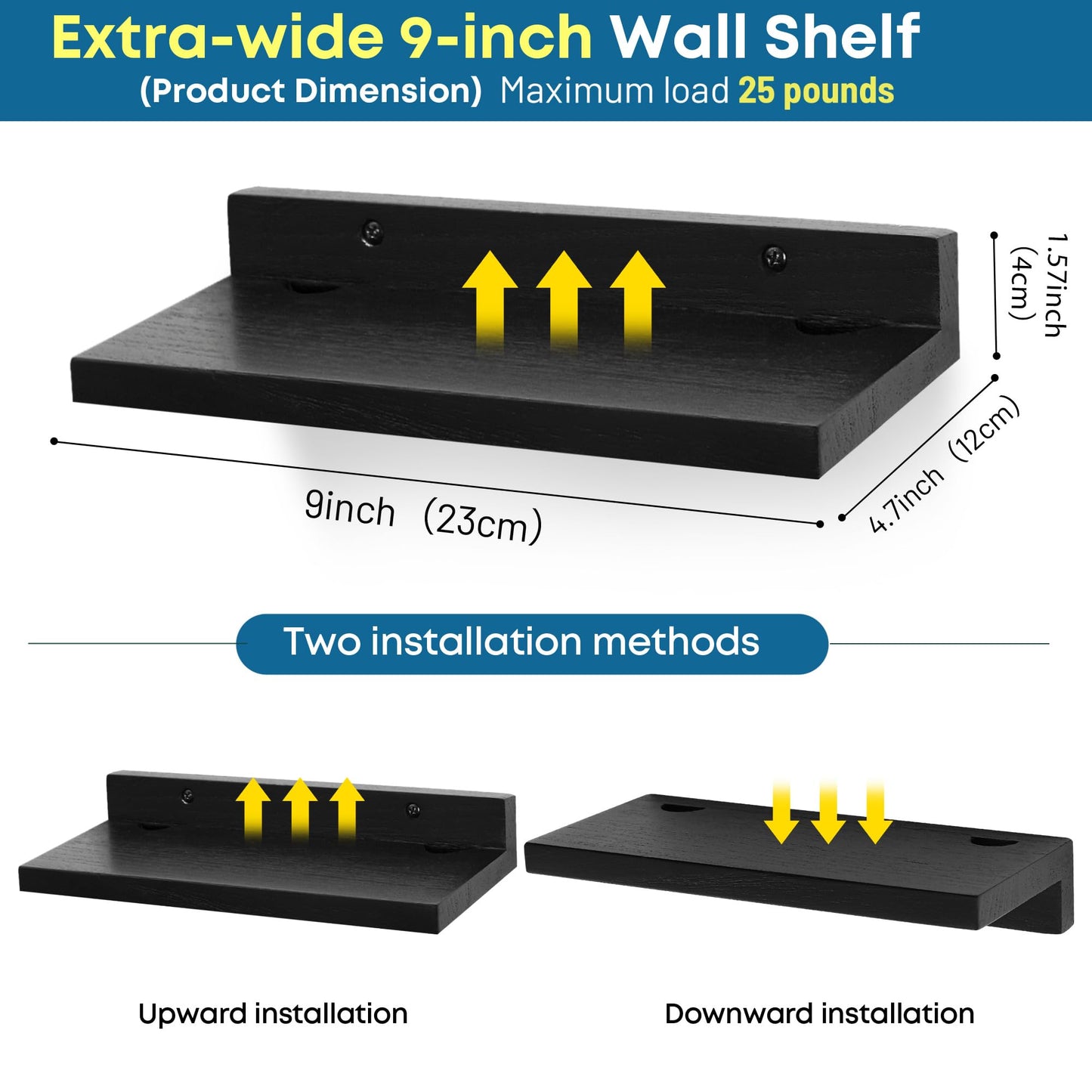 FURAOMEILI Small Floating Shelf for Wall,9X5 Inch Wall Mounted Shelf with Cord Hole,Small Display Shelves for Cameras, Webcam, Router,Smart Speaker,Action Figures-2 Pcs(Black