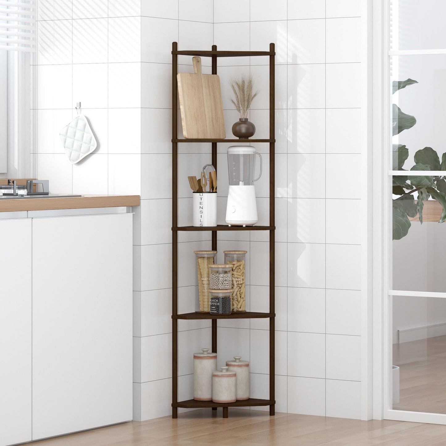 Wisuce Corner Shelf Stand - 5 Tier Walnut Bamboo Small Corner Bookshelf for Office Kitchen Bedroom Plant Stand Living Room Decor Small Space