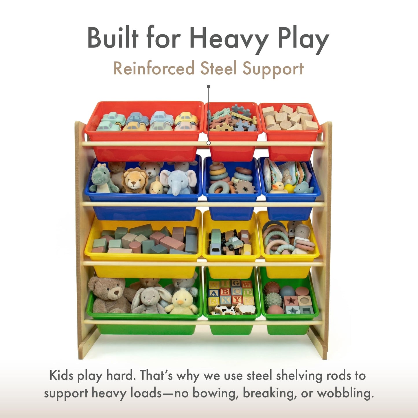 Humble Crew Kids' Toy Storage Organizer with 12 Plastic Bins, Natural/Primary, Model Number: WO560