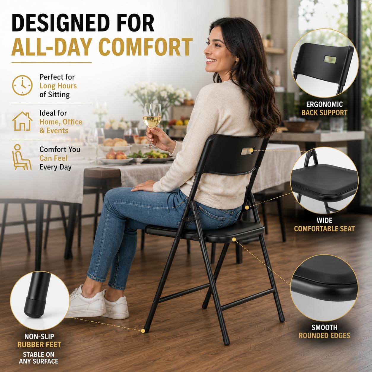 New Home Era Plastic Folding Chairs Heavy-Duty Foldable Chairs Indoor/Outdoor, Portable Dining Chair for Kitchen, Patio, Garden, Party Events – Stackable, Space-Saving Folding Chair (Black, 4 Pack)