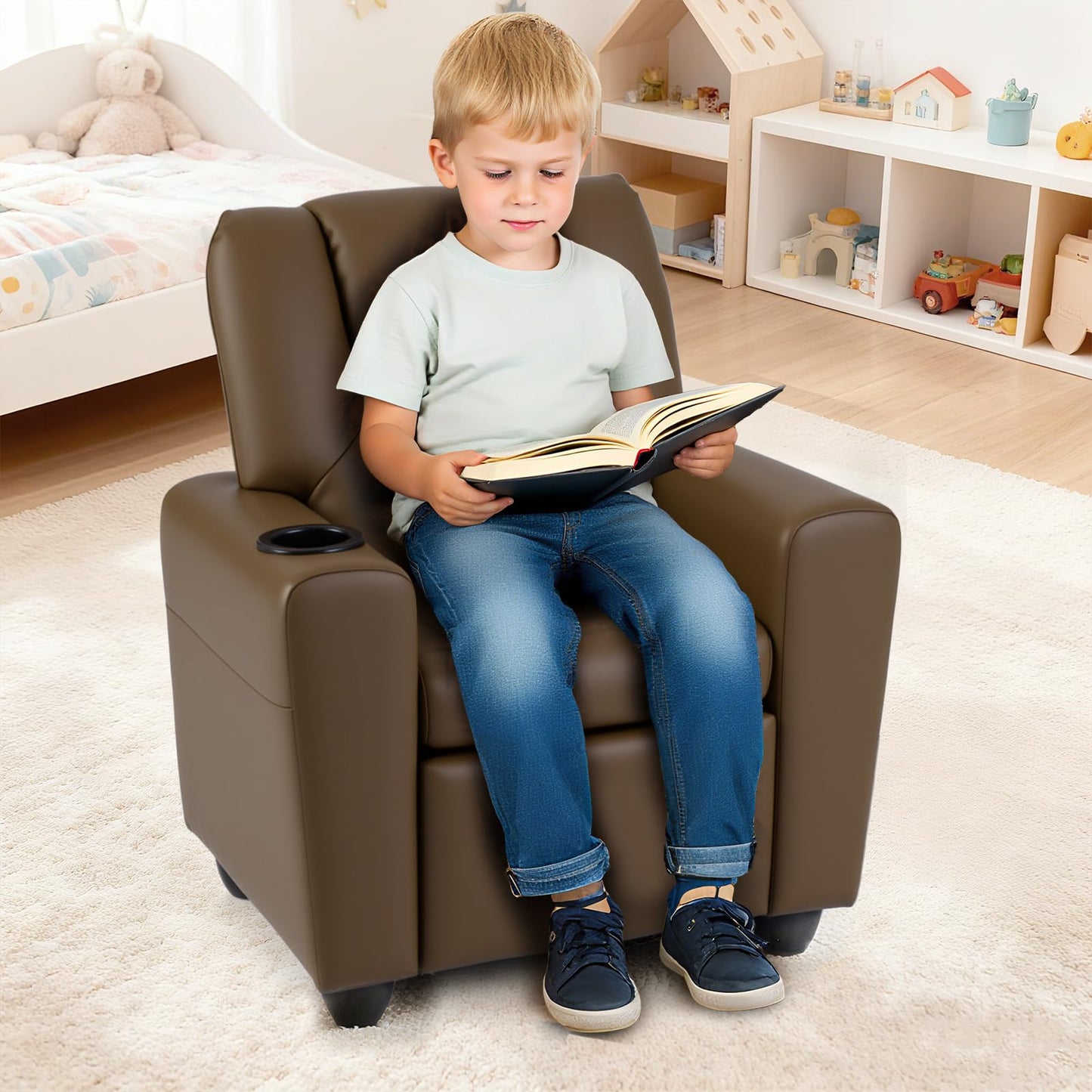 Costzon Kids Recliner Chair with Cup Holder, Toddler Adjustable Lounge Chair w/Footrest for Boys Girls Room, Ergonomic Baby Child Furniture Sofa for Age 3+ Gifts, Kids Mini Recliner up to 150 lbs