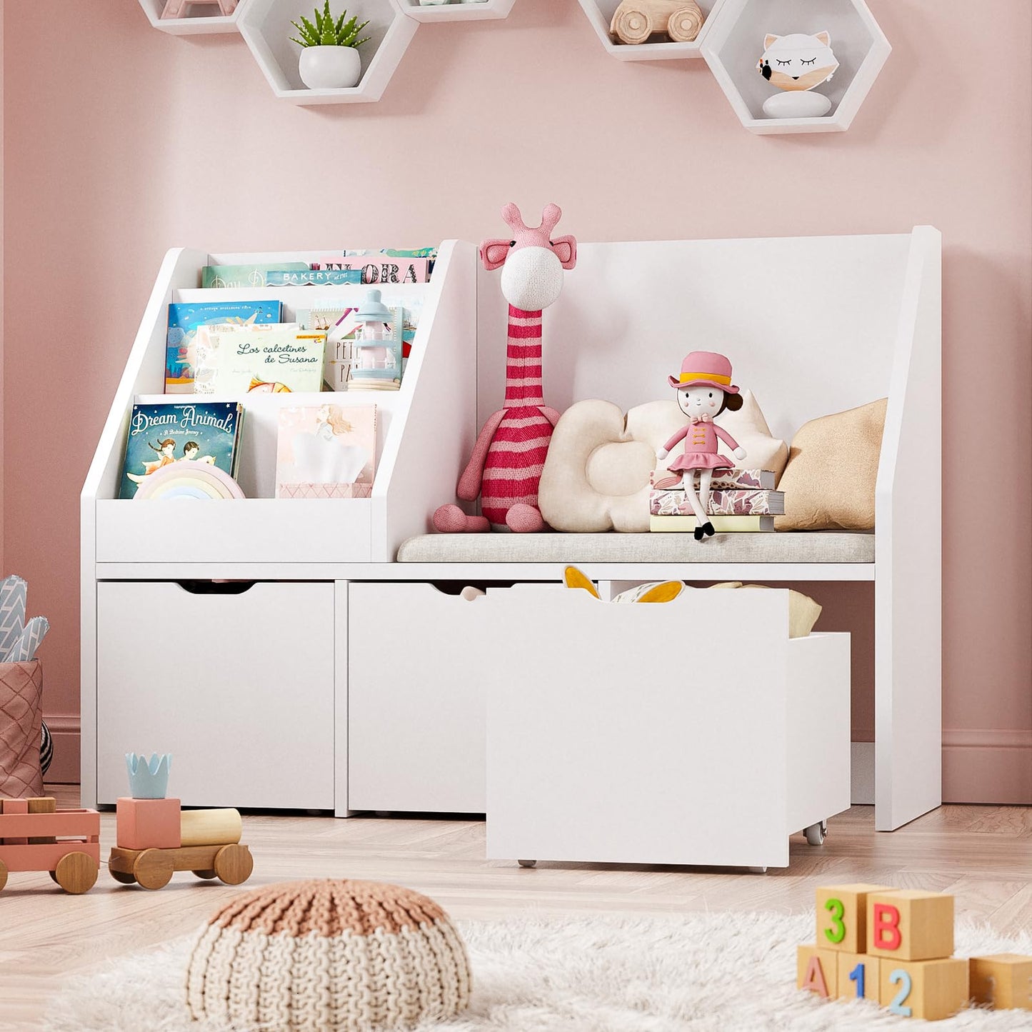 Teckid 40 Inch Kids Toy Organizer with Bookshelf, Cushioned Reading Bench, 3 Movable Drawers and Hidden Wheels, White