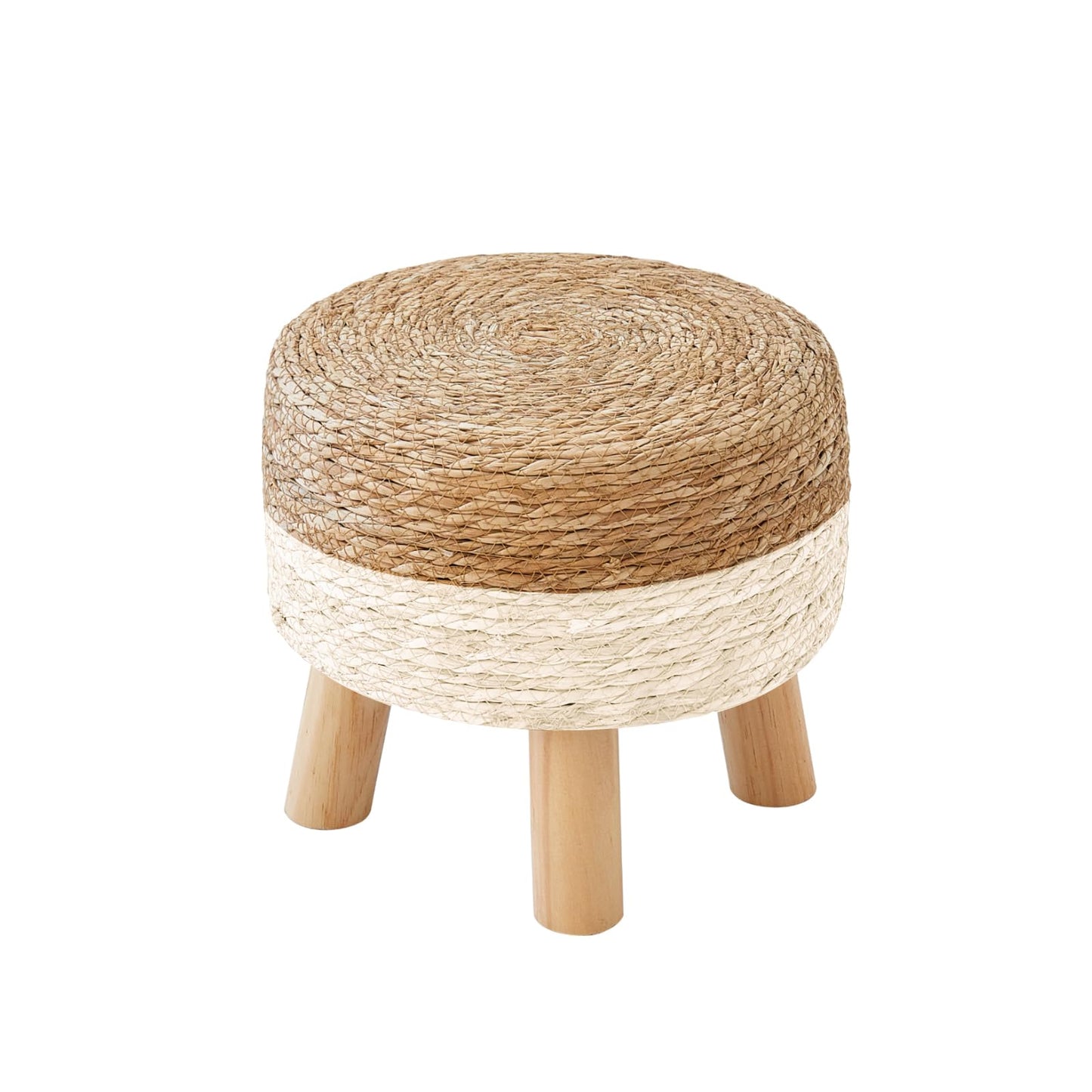ALeesing Round Ottoman, Natural Seagrass Footstool with 4 Wood Legs, Multifunctional Modern Dressing Stool and Sofa Side Table for Bedroom (White)