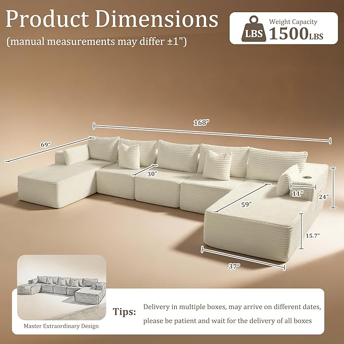 168" Cloud Sectional Couch, Comfort U Shaped Sofa
