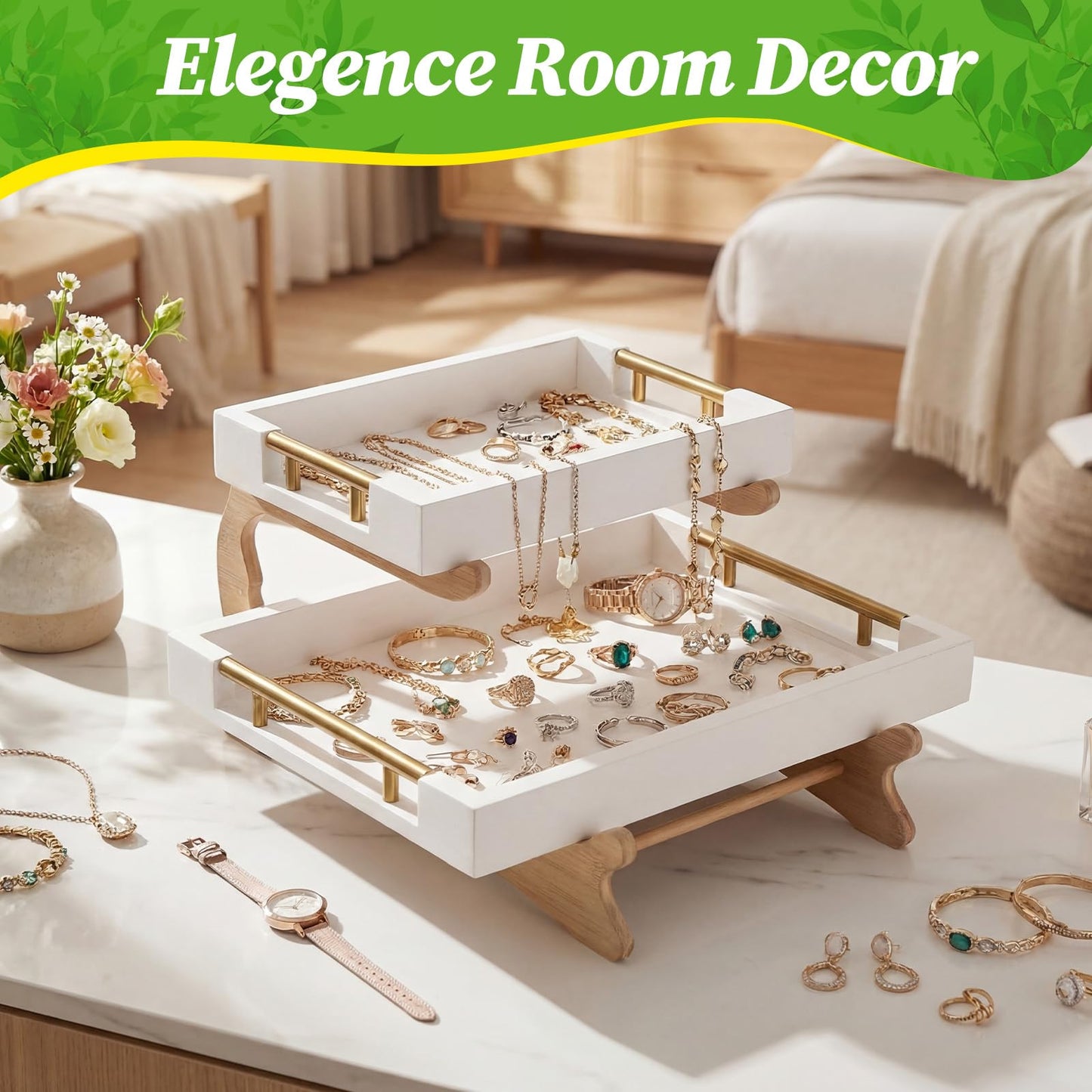 Leinuosen 2 Tier Serving Trays for Party Coffee Table Tray 12"x16" & 8"x12" Large Wooden Ottoman Tray with Gold Handles and Bamboo Stand for Storage Display(White)