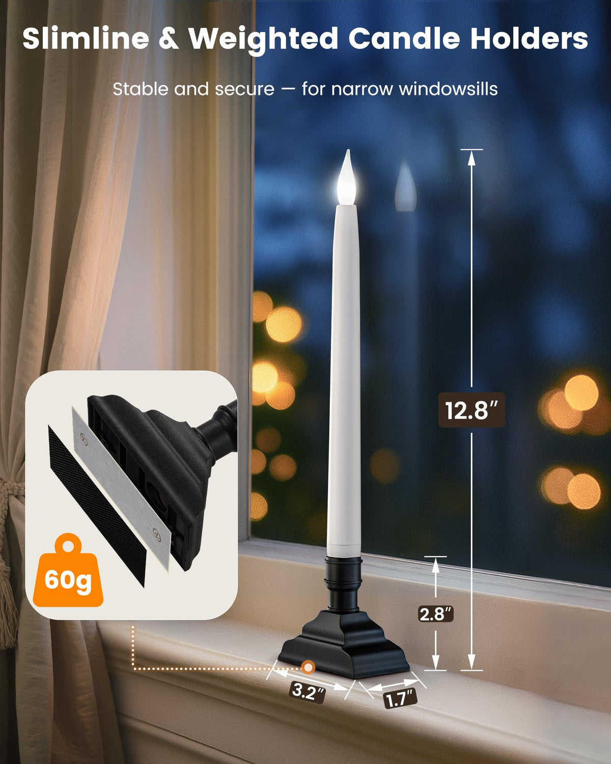 SURAIELEC Christmas Battery Operated Window Candle wiith 6H Timer, 10.5'' Taper Window Candle, Clear Flameless LED Candles, 1.7‘’ Narrow Base, Matte Black, 4-Pack (Rechargeable Battery Not Compatible)