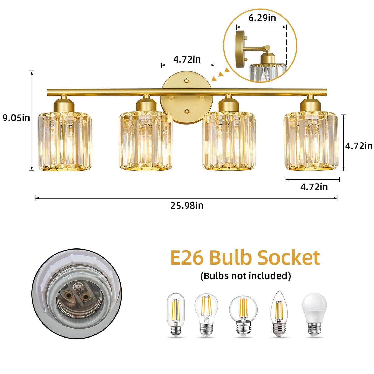 FDPBY Modern 4 Light Crystal Vanity Light, Gold Vertical Bathroom Light Fixture Over Mirror for Dressing Table Sink, Compatible with Dimmable Bulbs (Bulbs Not Included)