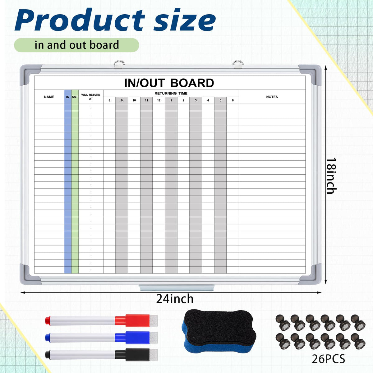 Lincia in and Out Magnetic Dry-Erase Board 18 x 24 Aluminum Framed White Board with Lines 24 Names with Magnetic Dry-Erase Marker, Eraser, and 26 Magnets Wall-Mounted for Office Employee