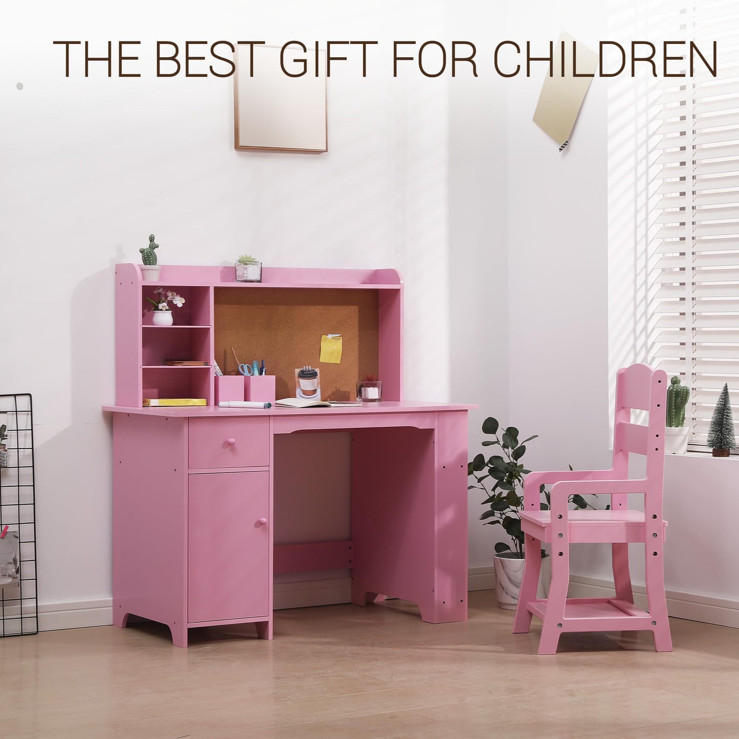 Kids Desk and Chair Set, Study Desk and Chair Set,Wooden Study Desk with Bookshelf, Bulletin Board, Cabinet & Drawer,Pink Children’s Writing Table