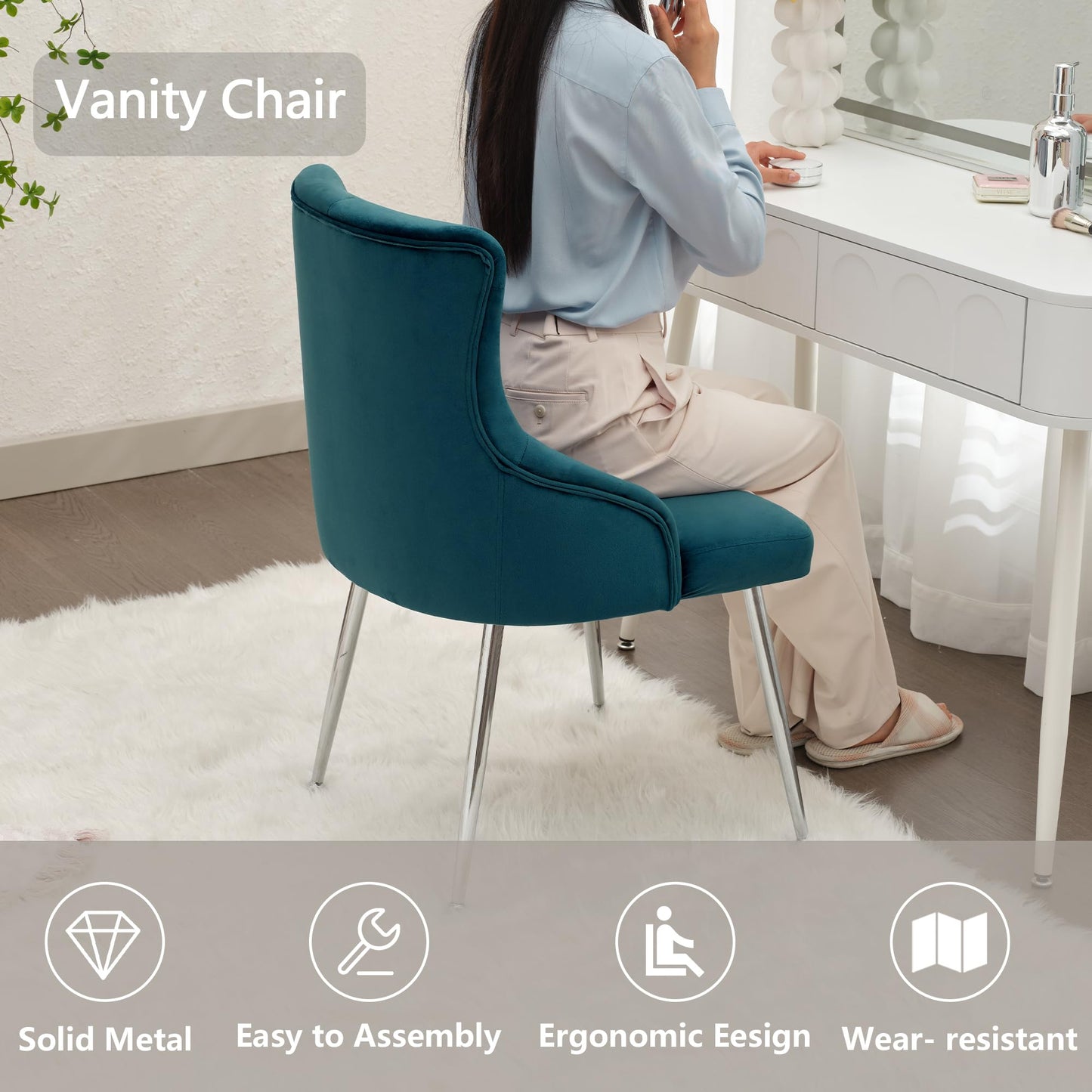 UDAX Velvet Vanity Makeup Dining Chairs, Upholstered Accent Reading Chair, Offiice Desk Vanity Stool Chairs with Tufted Back for Bedroom, Living Room, Teal