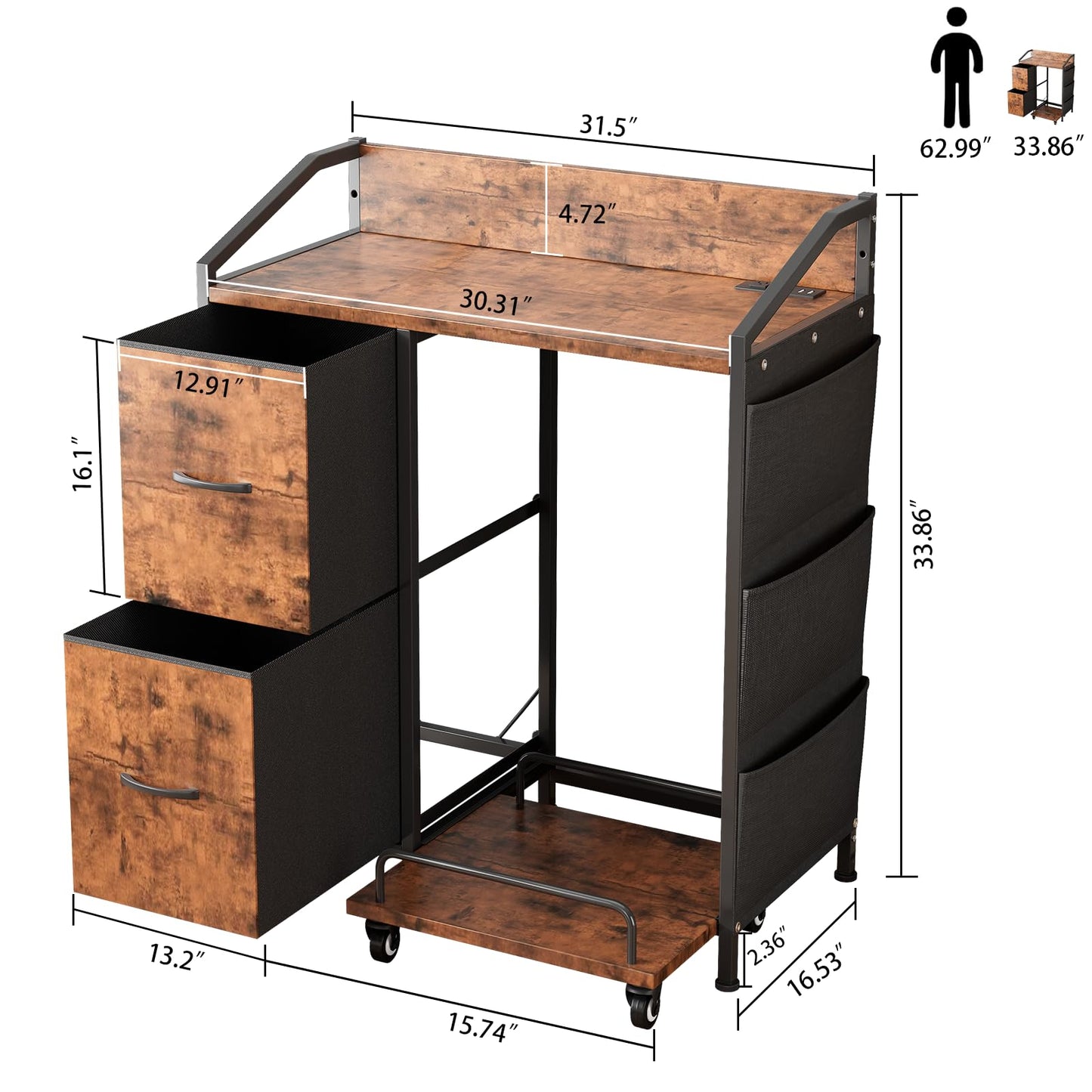 WODRAWER Printer Stand with Fabric Drawers, Lateral Office Filing Cabinets with Power outlets & USB Charging Port, File Cabinet with Large Printer Stands for Home Office, Shredder Stand (Rustic Brown)
