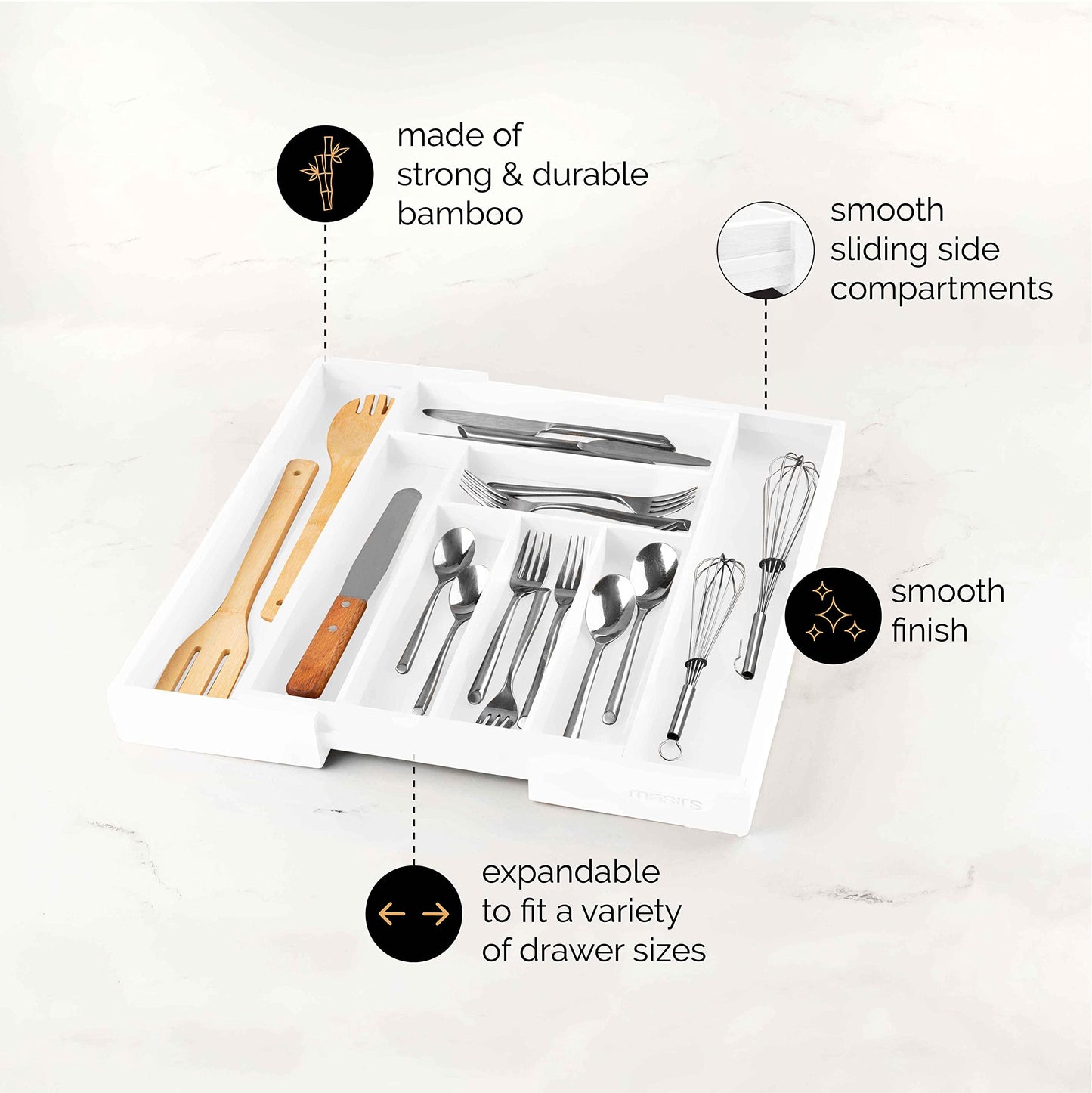 Masirs Expandable Bamboo Kitchen Drawer Organizer - Adjusts to Fit Drawer Size, Ideal for Silverware, Utensils, and Office Supplies, Durable Bamboo Construction