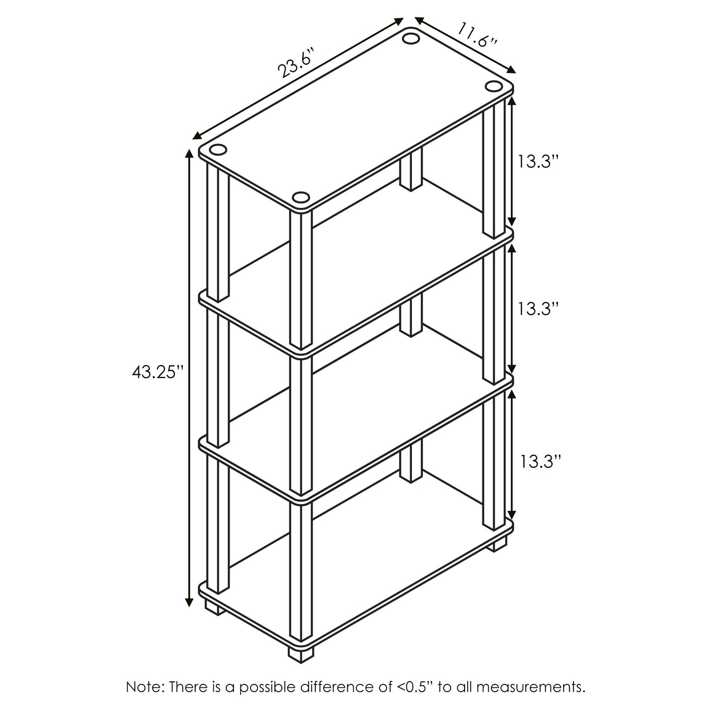 Furinno TURN-S-TUBE Storage Shelves, 4-Tier Book Shelf, Corner Shelf, Toolless Open Shelves, for Organization and Storage, Living Room, Garage, Home Office, Beech