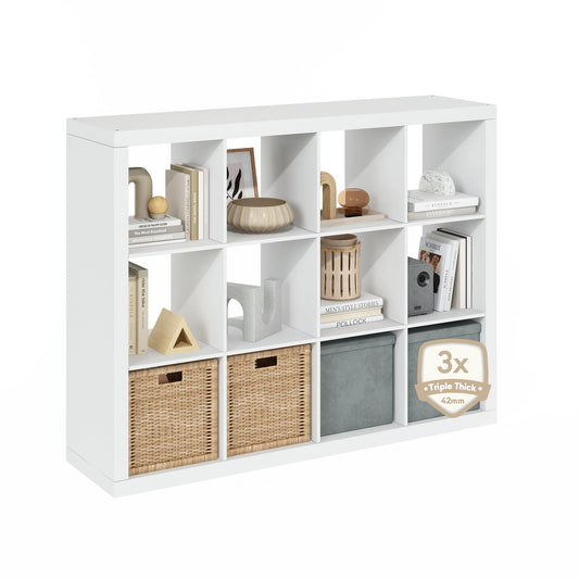 Furinno Cubicle Book Shelf, 12-Cube Bookshelf, Triple Thick Frame Cube Storage Organizer, 1.65" Thick Bookcase, 15.4" x 57.4" x 43.4", for Home Office, Living Room, Plain White