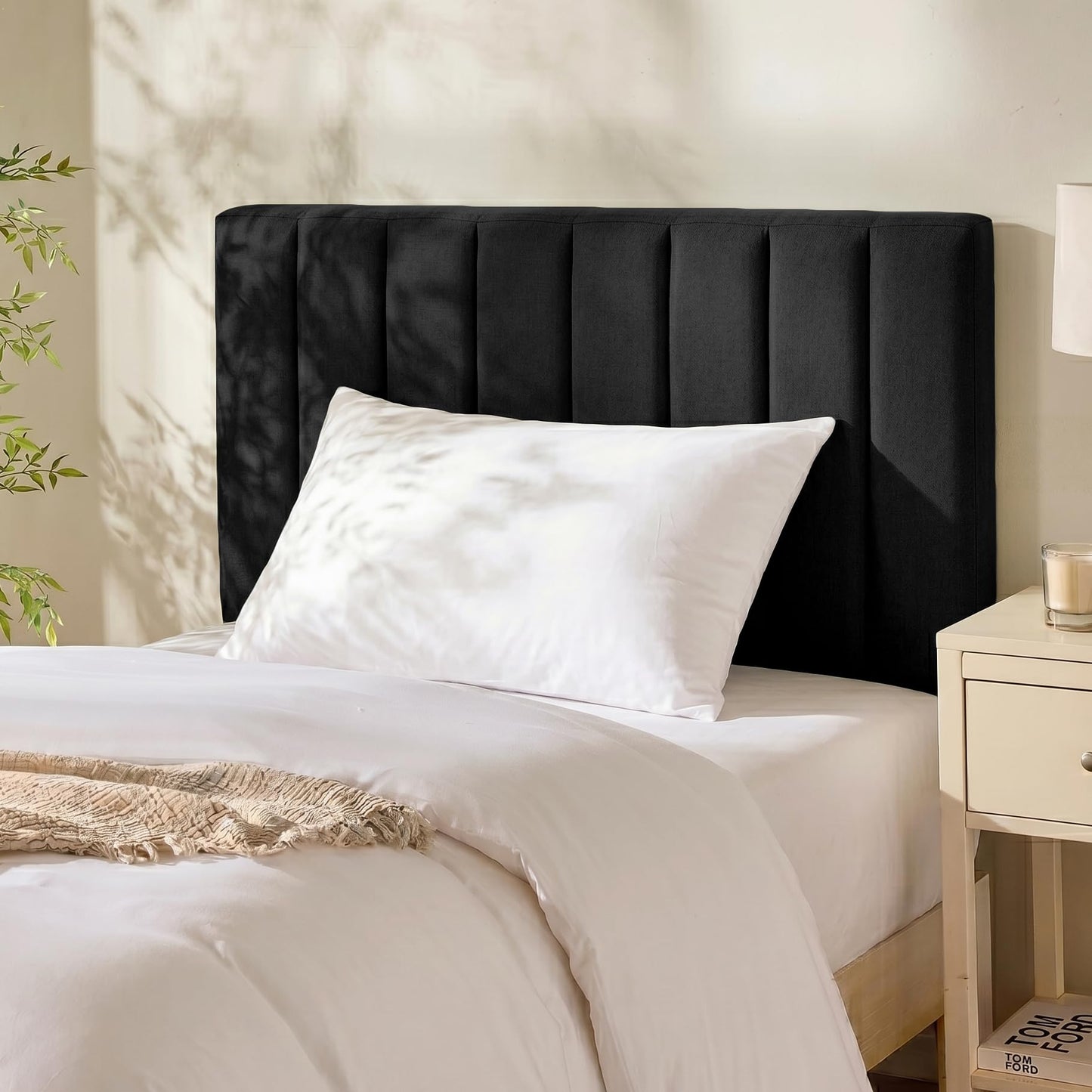 Hearth & Harbor Upholstered Twin Headboard - Easy Assemble Channel Stitched Headboard Twin Size - Wall Mounted Headboards with 3D Soundproof Wall Panels Peel & Stick Floating Headboards, Black