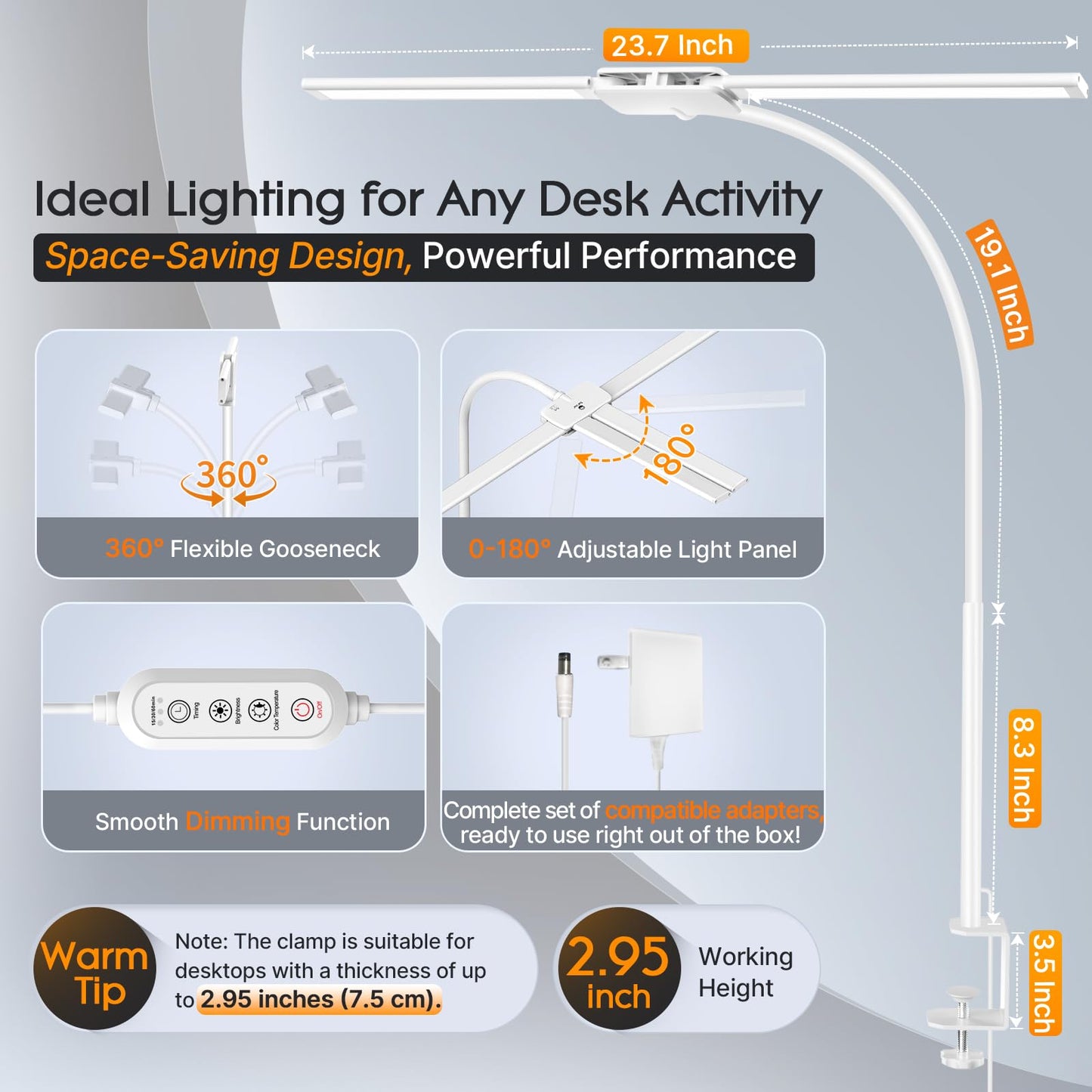 Syrinx LED Desk Lamp, Double Head Gooseneck Desk Lamps for Home Office with Gesture Switch & Wired Control, 12W Bright Modern Desk Light Eye-Caring Office Desk Lamp with Clamp for Crafting Reading