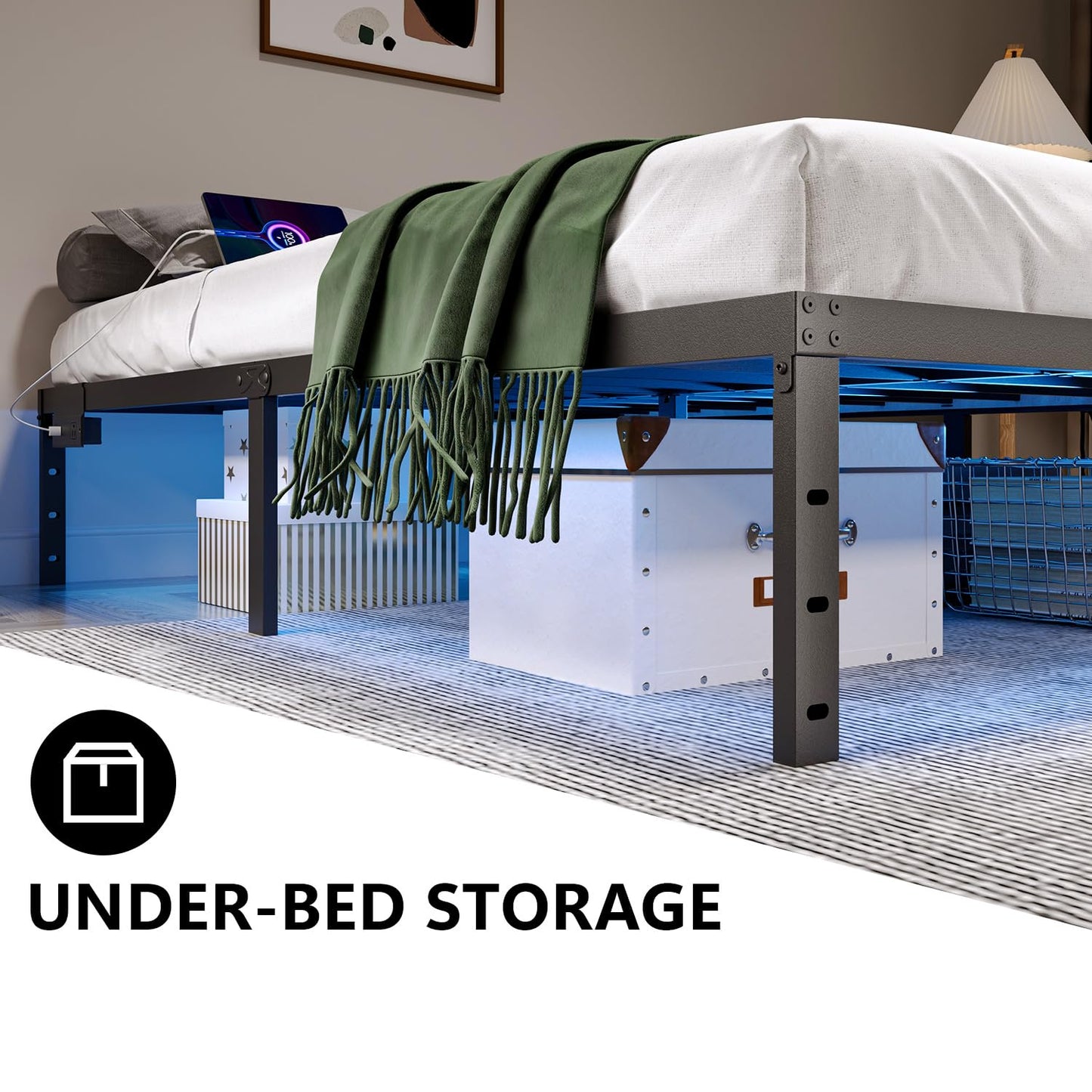 HAVONIZD Full Size Bed Frame with LED Lights & Charging Station - 14 Inch Heavy Duty Metal Platform Bed Frame No Box Spring Needed, Easy Assembly, No Noise