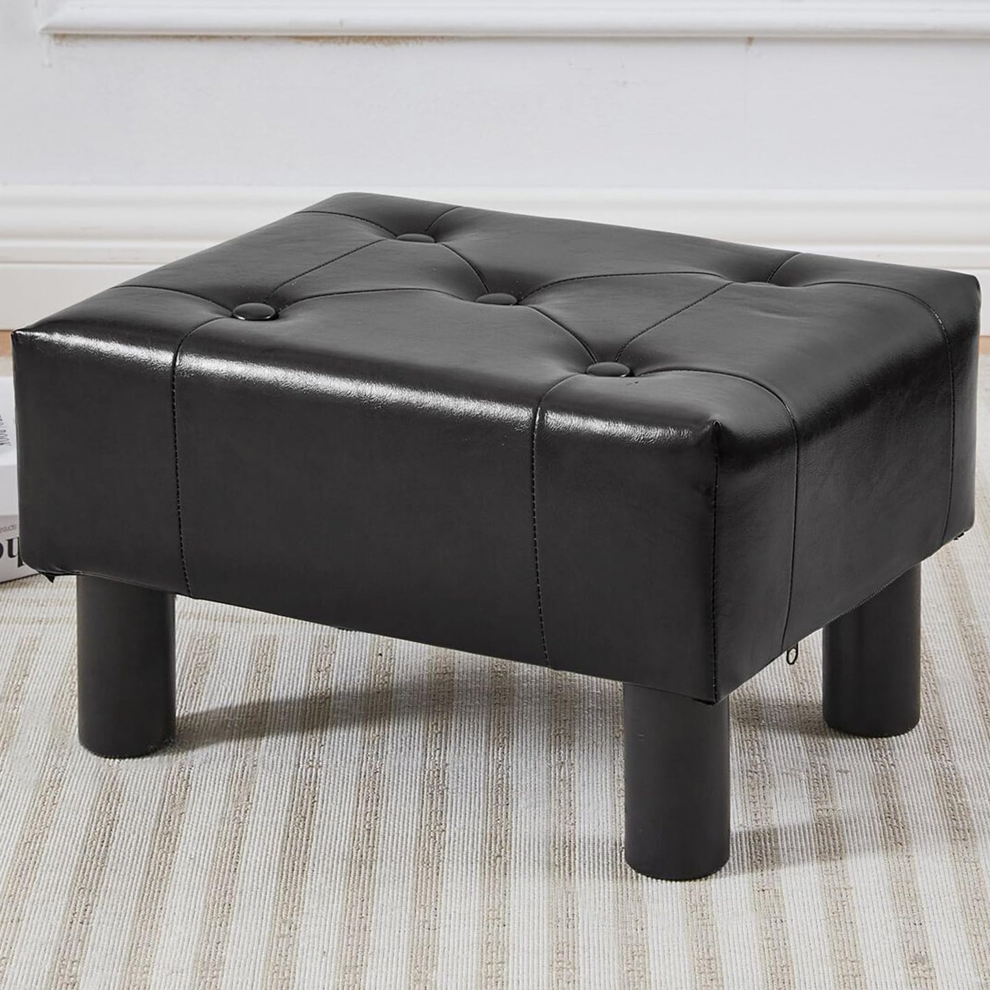 FIMIVIBI Small Foot Stool Ottoman, Faux Leather Footstool Ottoman Foot Rest for Couch, Rectangle Footstools and Ottomans Small for Living Room, Entryway and Bedroom (Black)