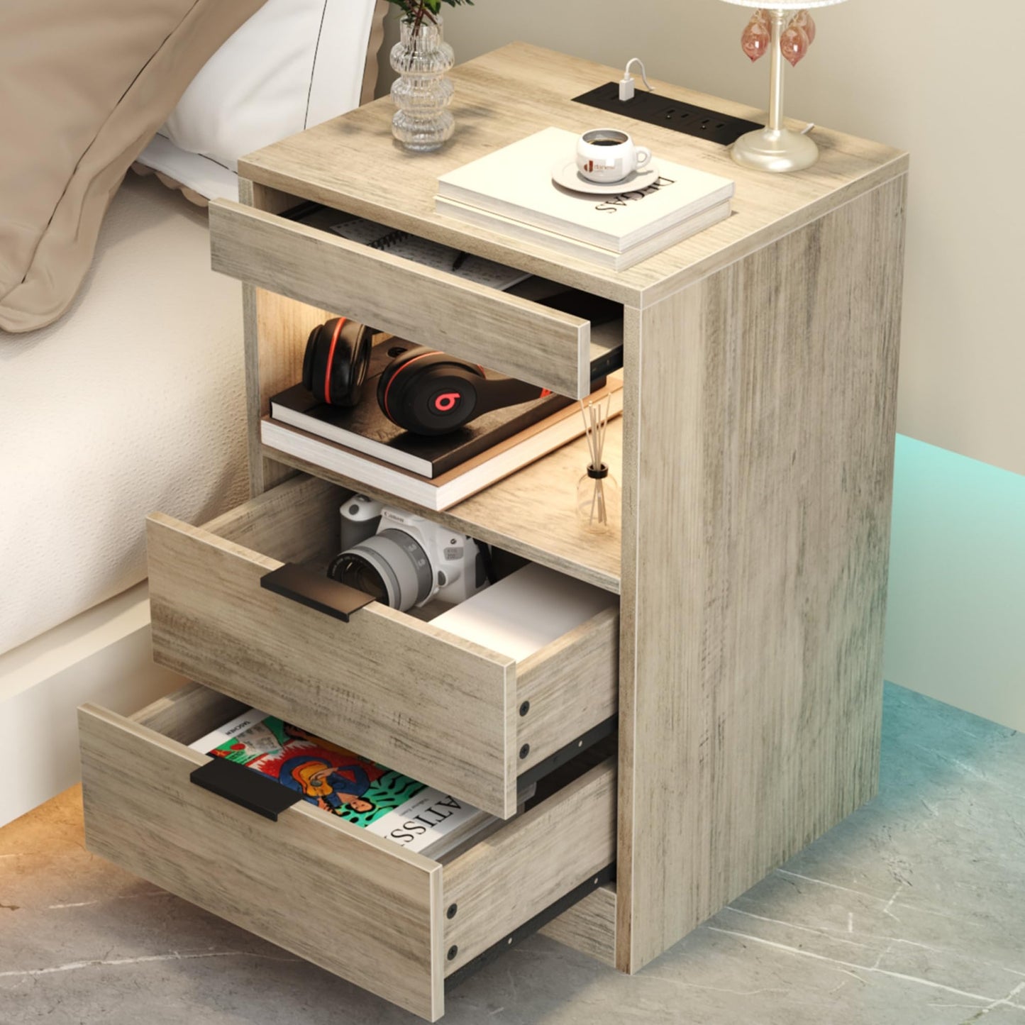 Gadroad LED Nightstand with Charging Station, Bedside Table with USB Ports & Power Outlets, Modern Night Stand with Drawers for Bedroom Small Spaces, Grey