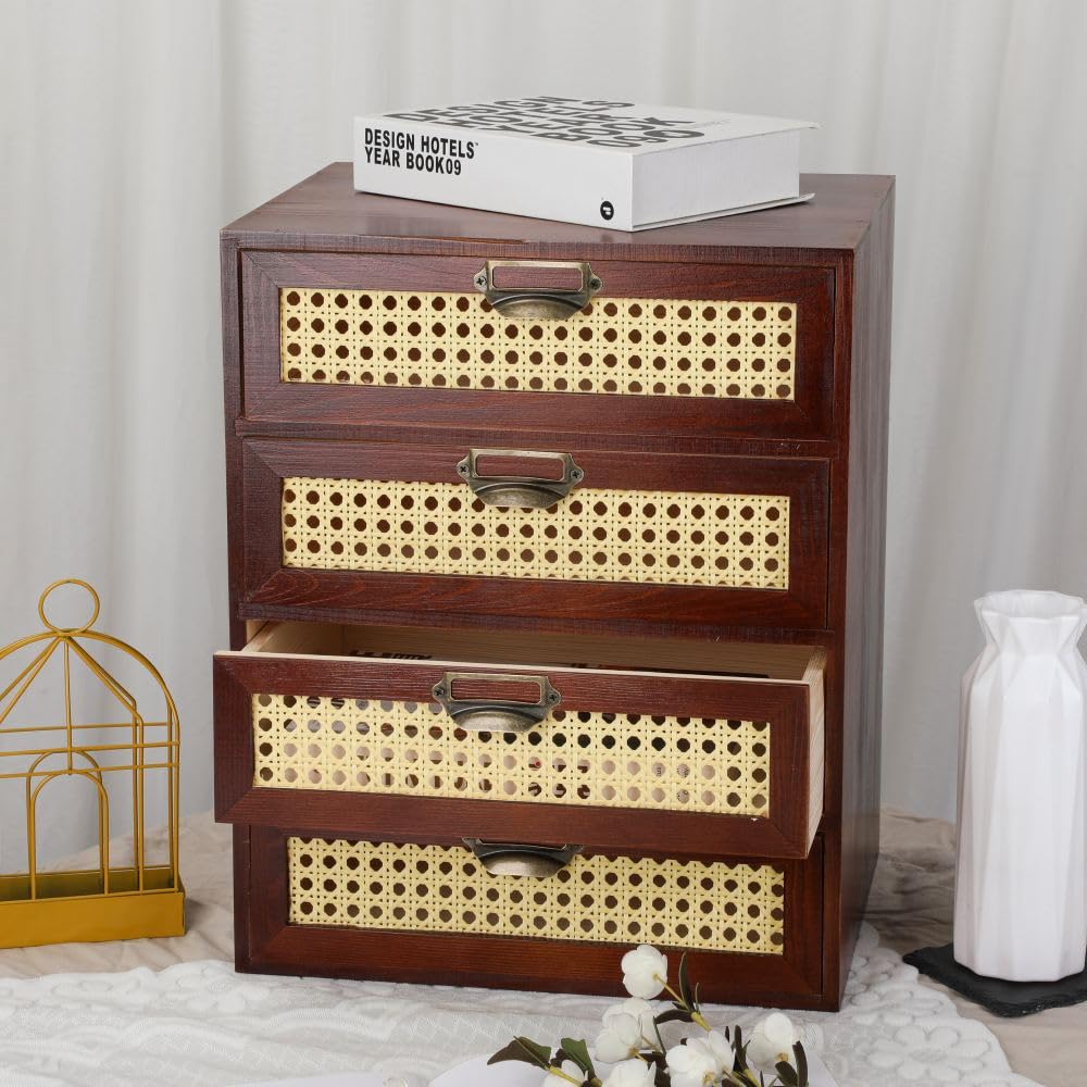 GoooodGift Large Wooden Storage Box with Drawers (Boho Apothecary Cabinet, Rattan Frame, Brown)