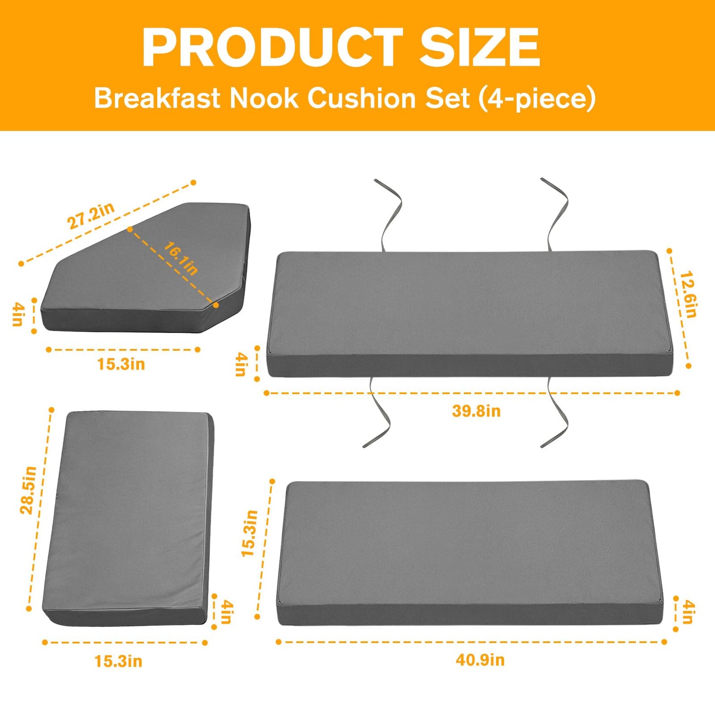JZHLLA 4-Piece Breakfast Nook Cushion Set, Water-Resistant & Removable Covers Breakfast Dining Nook, High-Density Foam Includes Straps Fits Corner Bench & Dining Set (Grey)